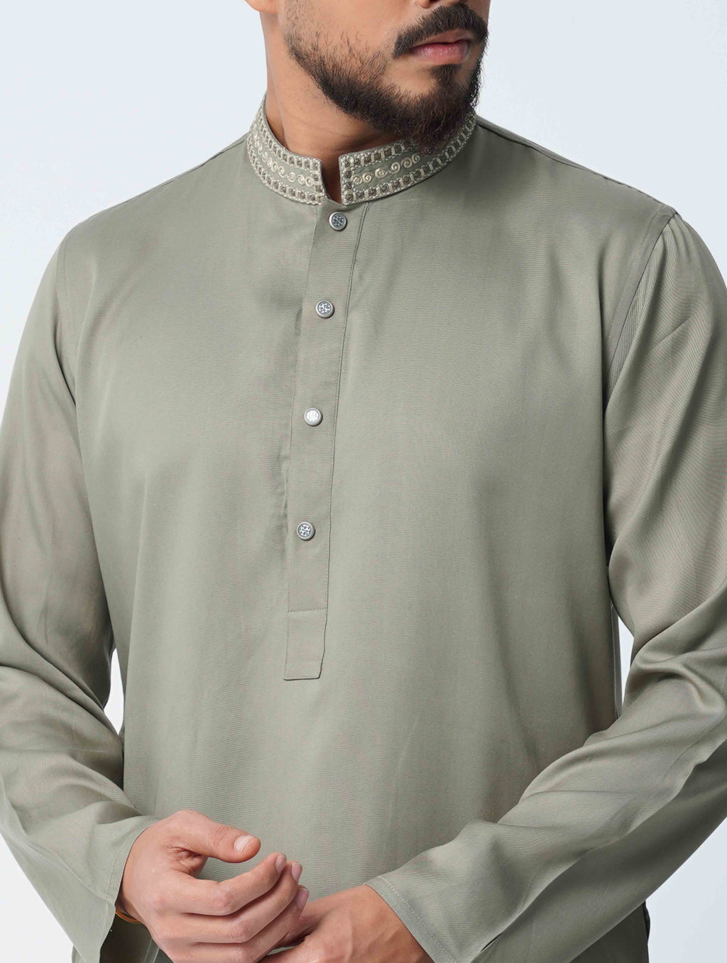 Olive Spiral Embroidery Panjabi