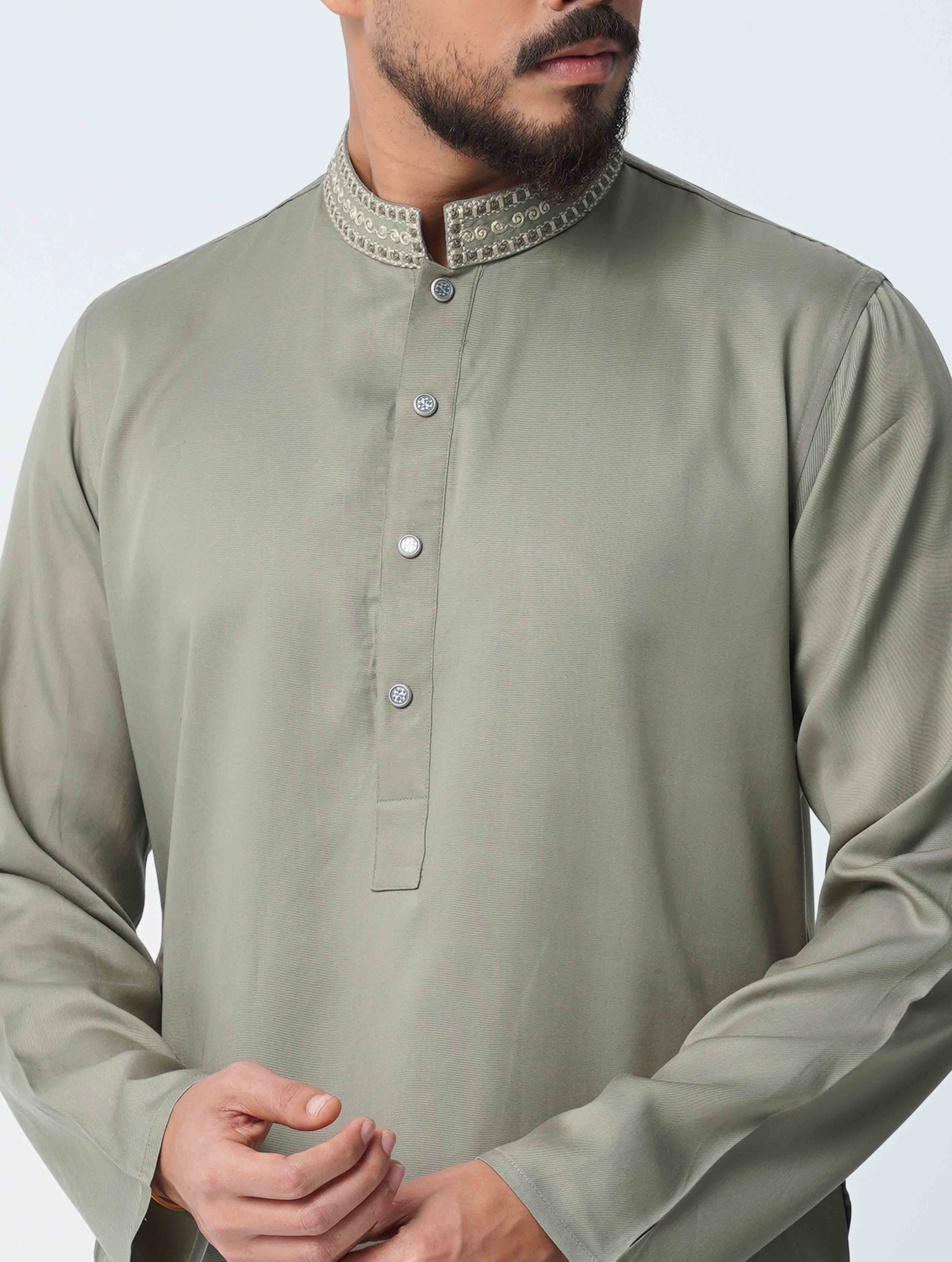 Olive Spiral Embroidery Panjabi