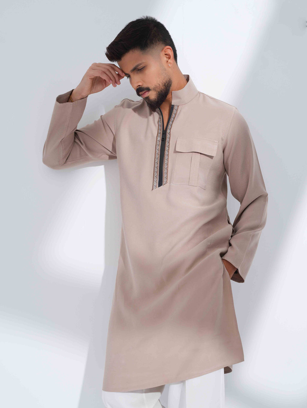 Cream High Collar Pocket zipper design panjabi