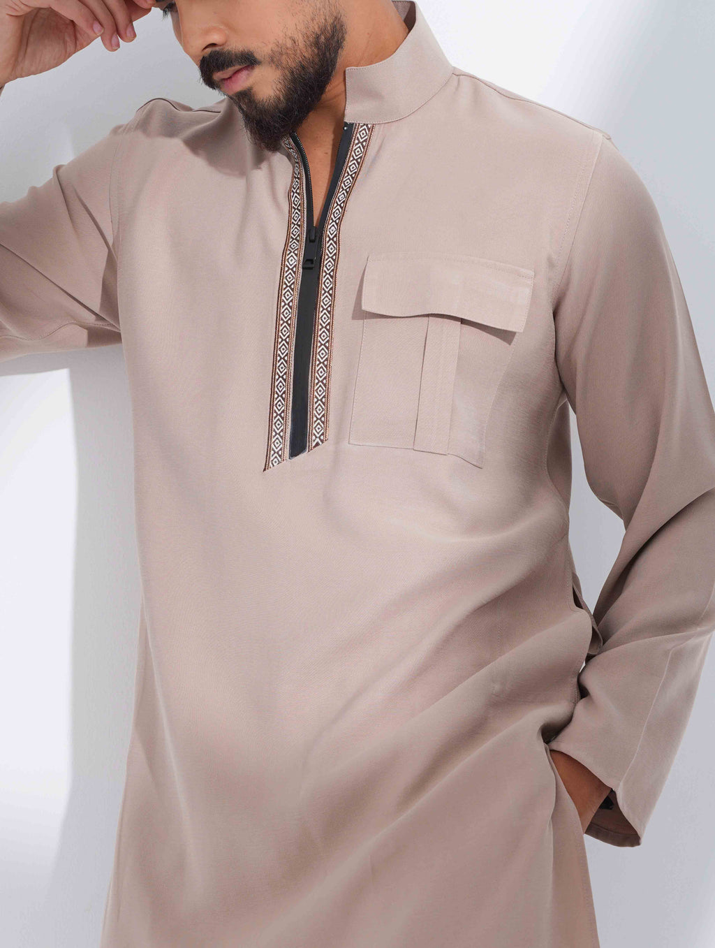 Cream High Collar Pocket zipper design panjabi