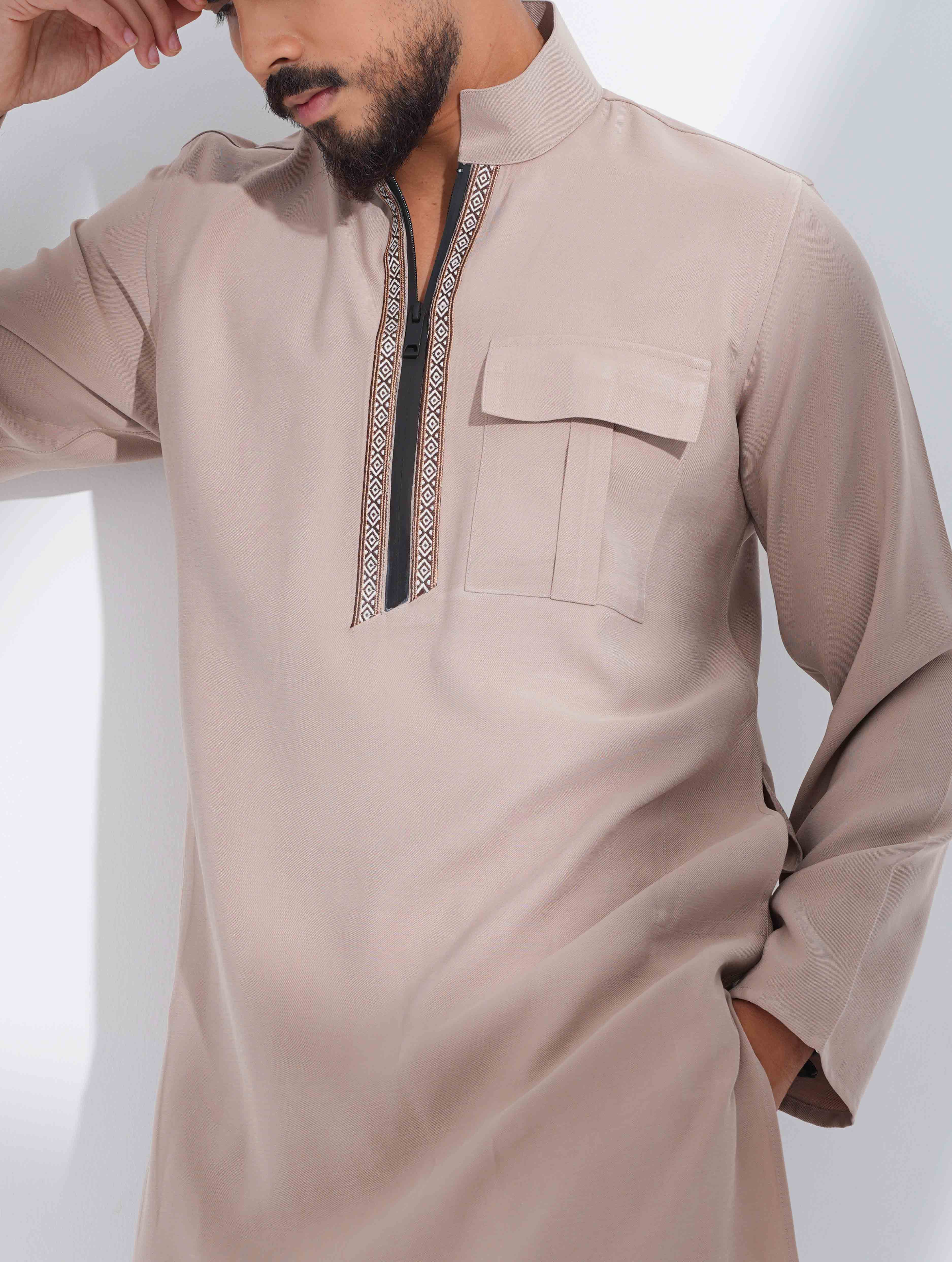 Cream High Collar Pocket zipper design panjabi