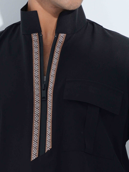 Black High Collar Pocket zipper design panjabi
