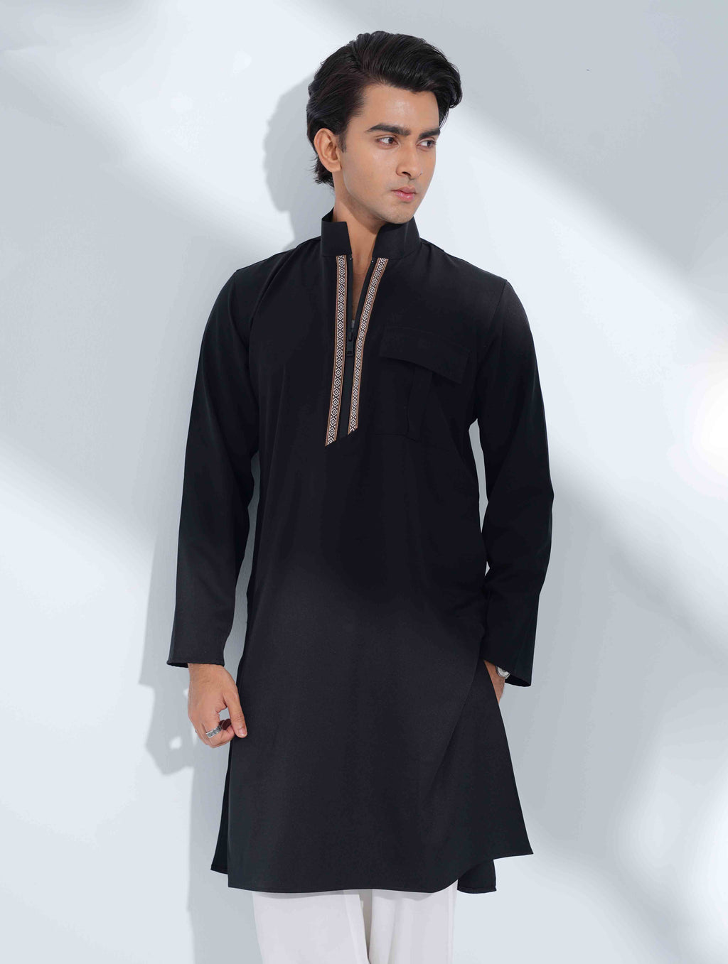 Black High Collar Pocket zipper design panjabi