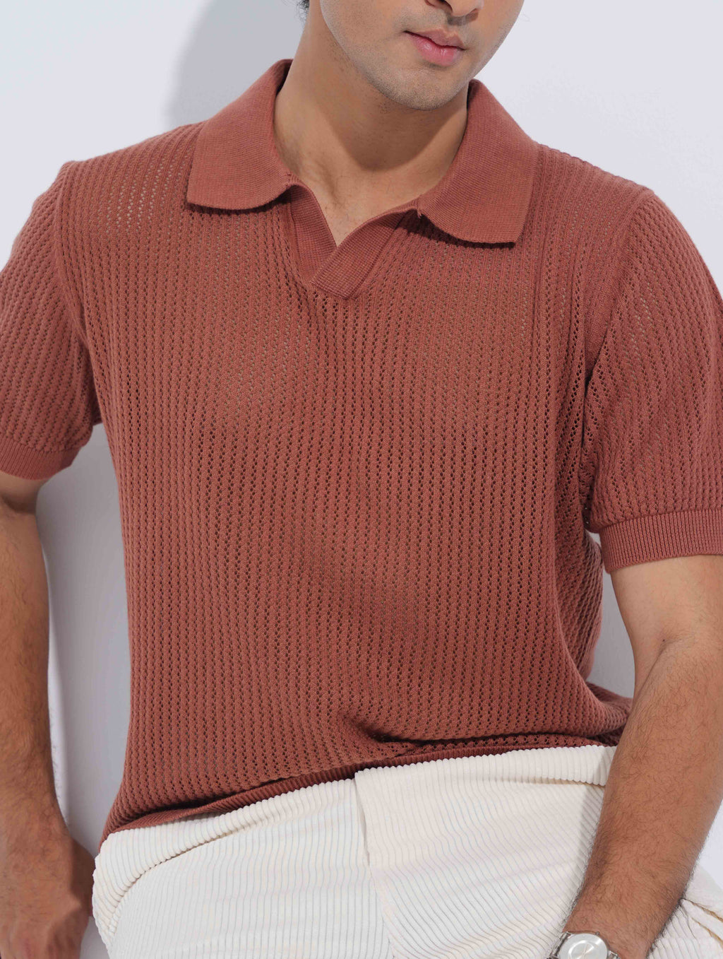 Brunt Orange Jacuard Stripe Weave Fabric Old Money Polo