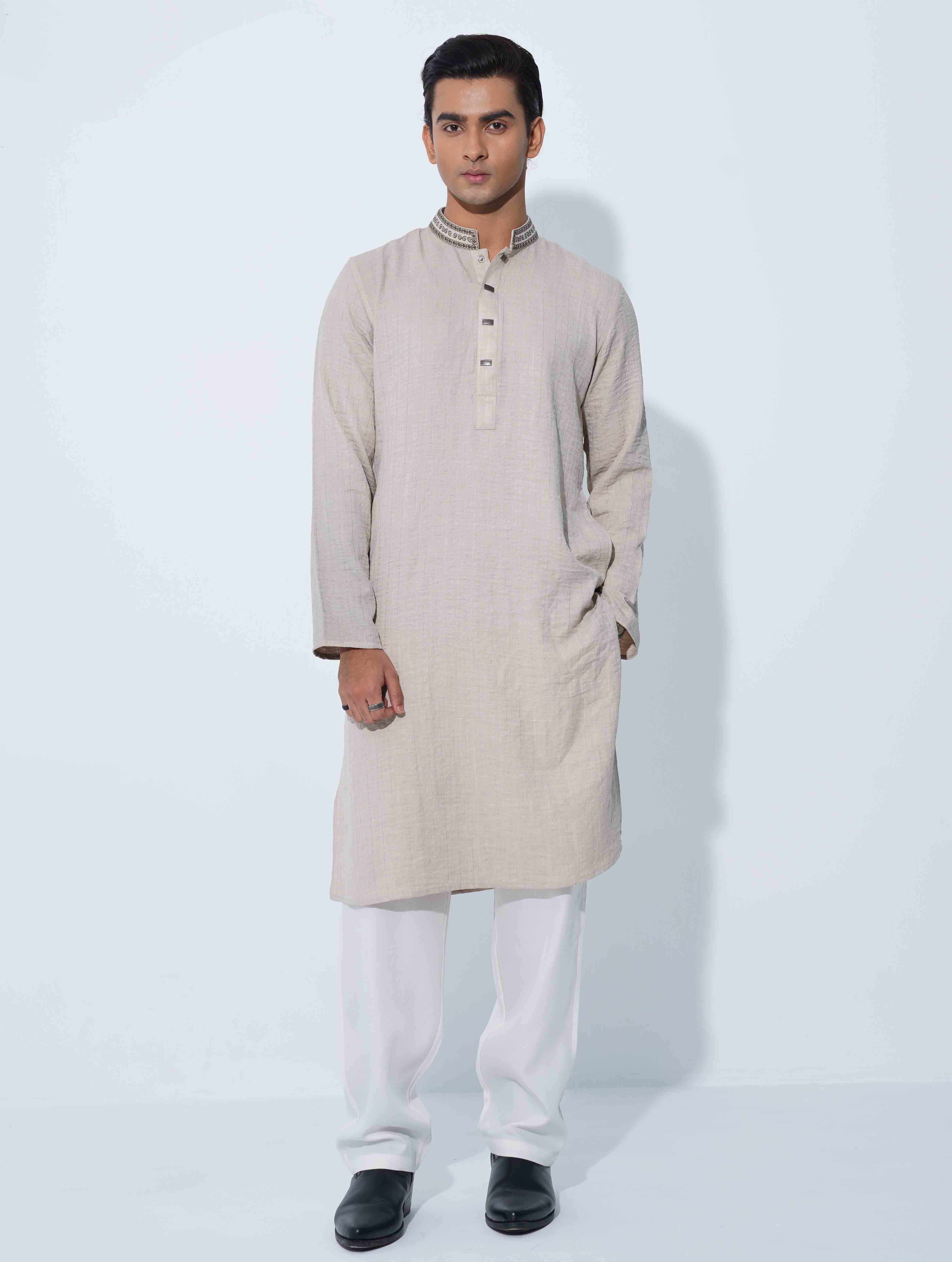 Cream Spiral Embroidery Viscos Panjabi