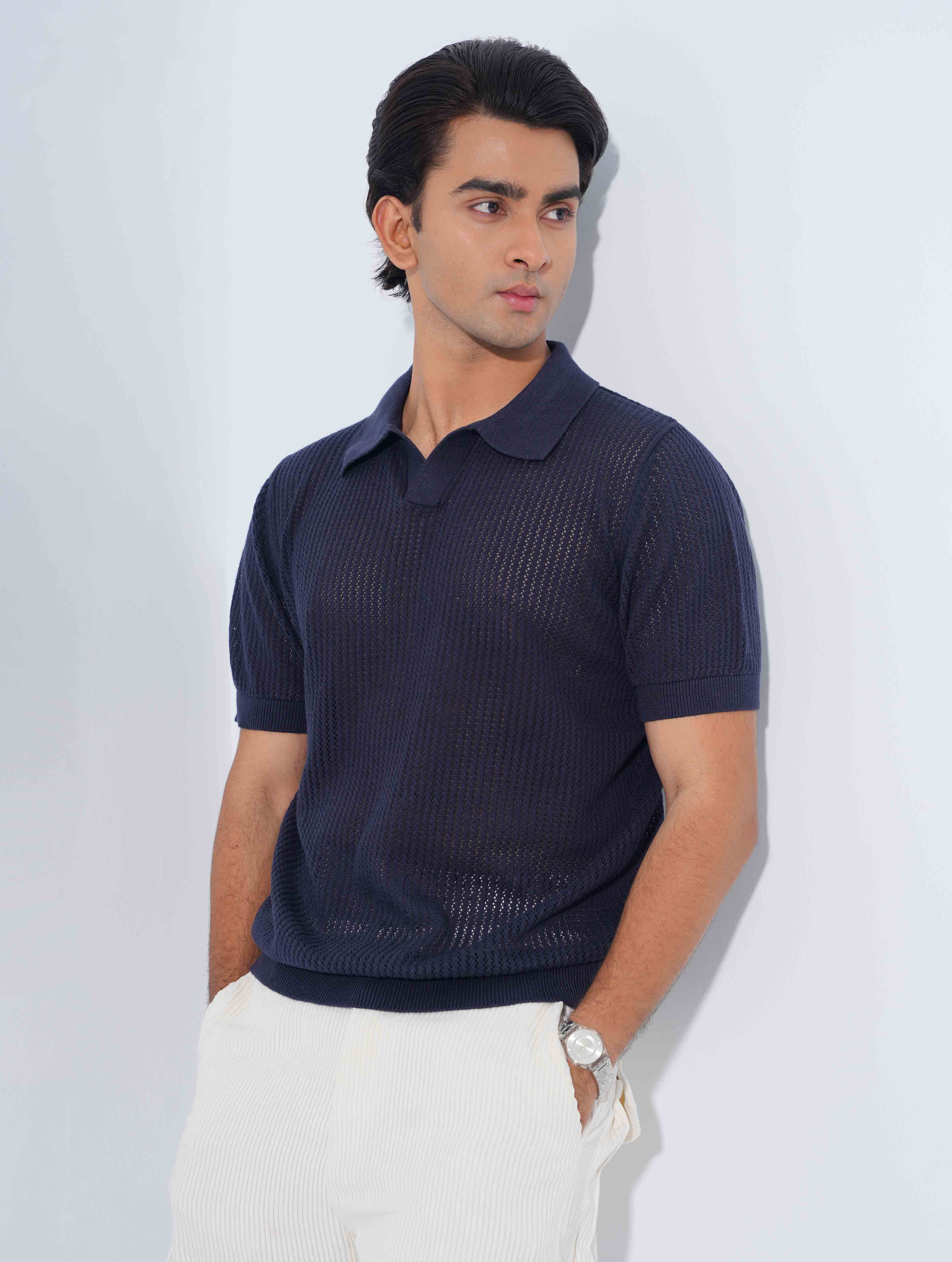 Navy blue Jacuard Stripe Weave Fabric Old Money Polo