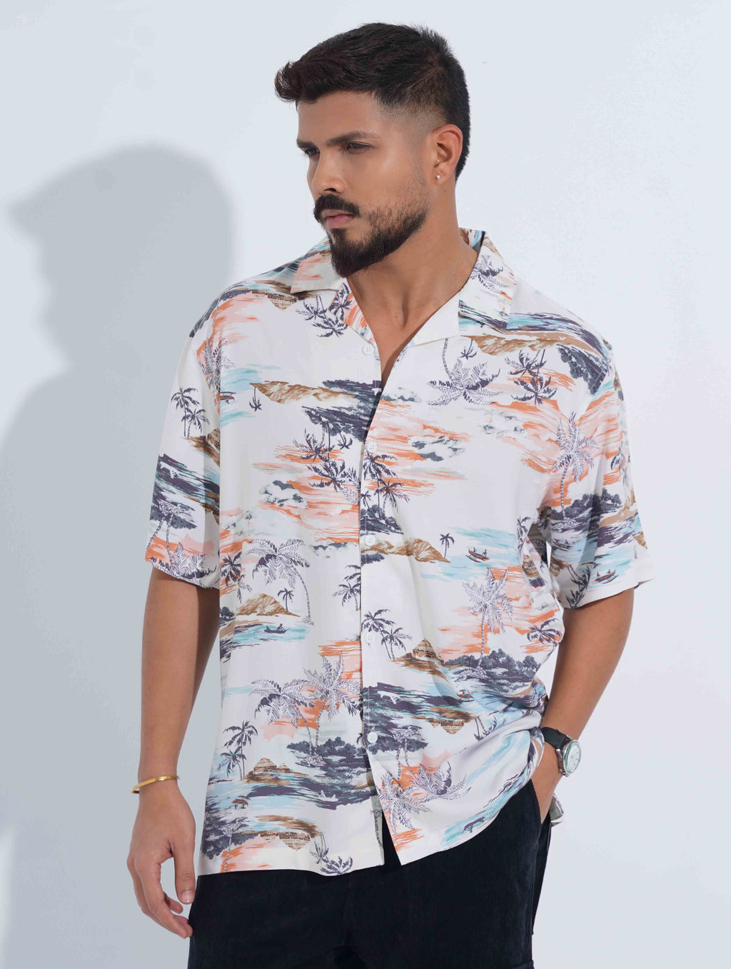 Pearl White colorful island Printed Havana Shirt