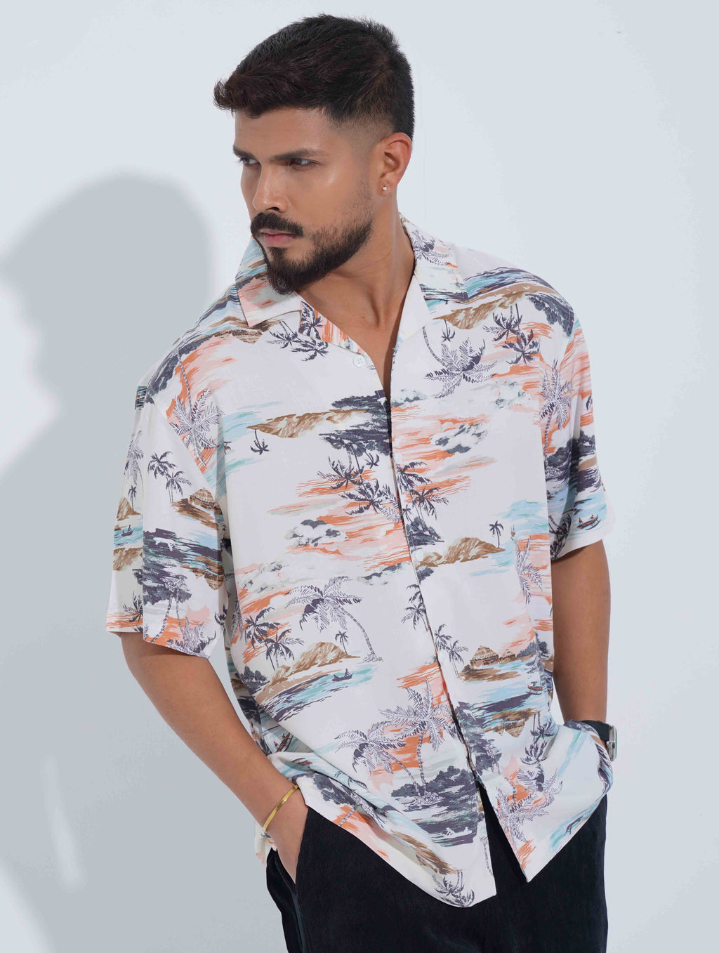 Pearl White colorful island Printed Havana Shirt