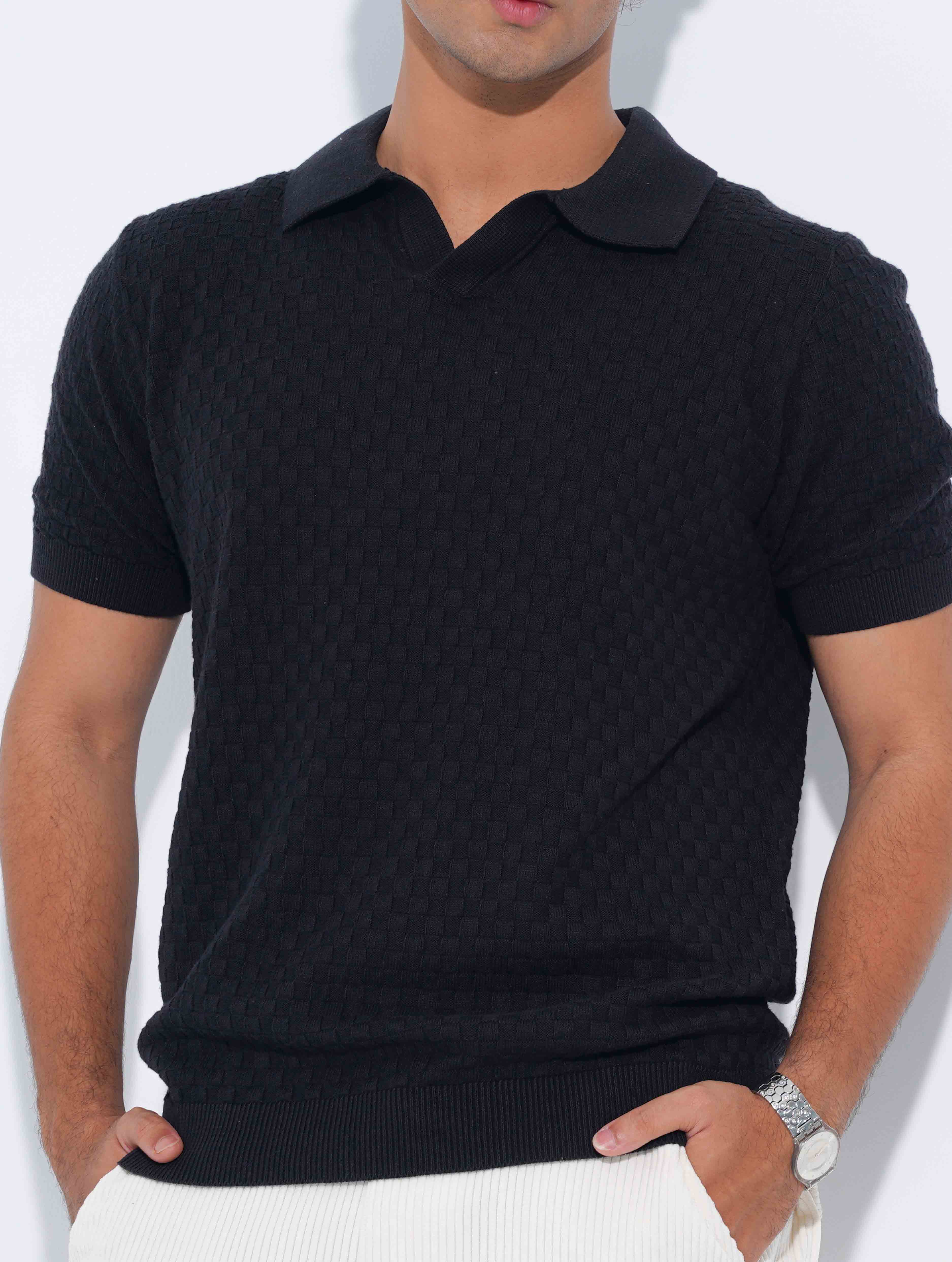 Black Jacuard Fabric Old Money Polo