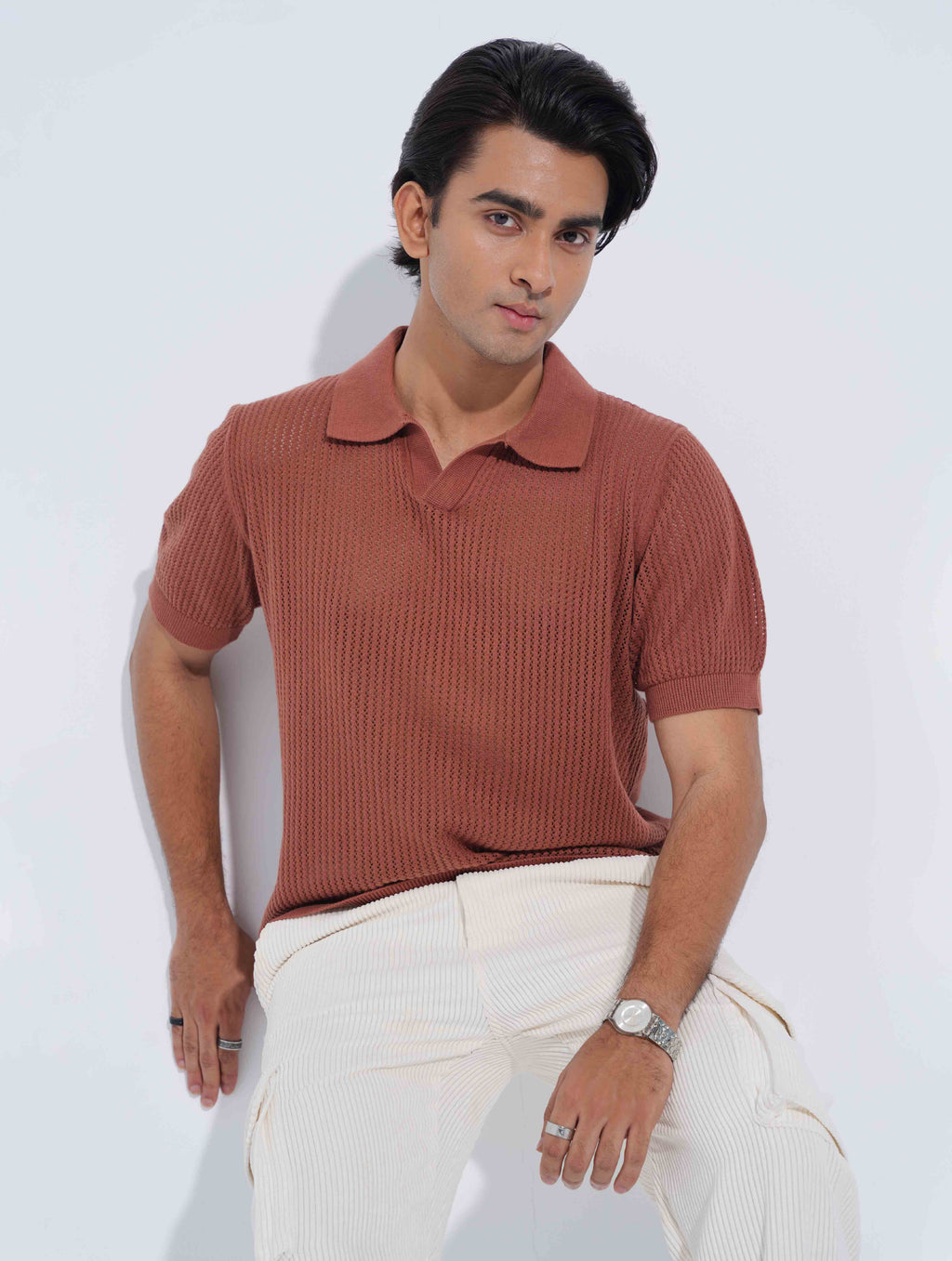 Brunt Orange Jacuard Stripe Weave Fabric Old Money Polo