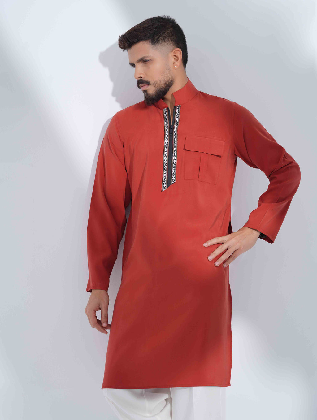 Burnt orange High Collar Pocket zipper design panjabi