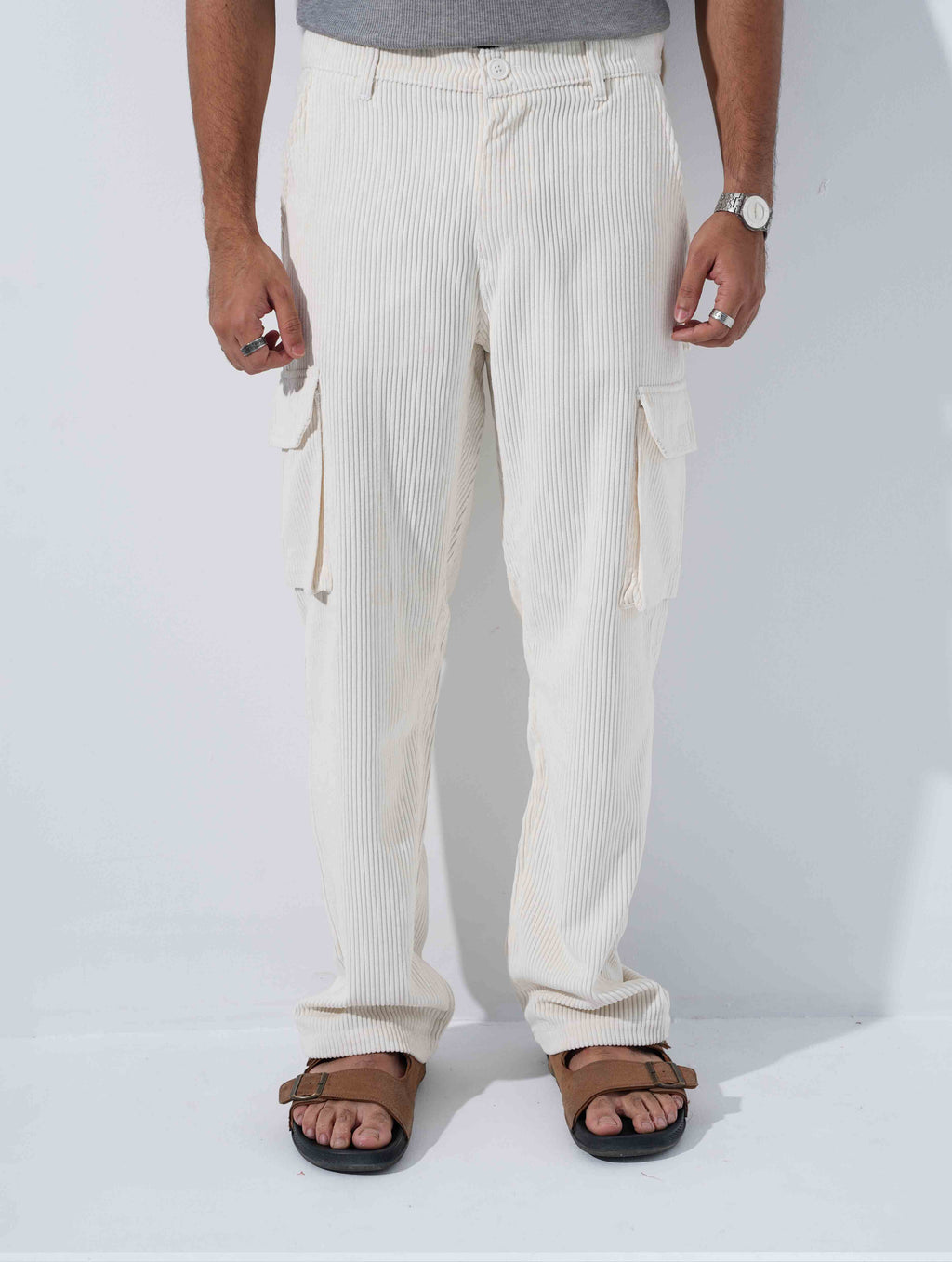 Pearl White Corduroy Baggy Cargo Pant