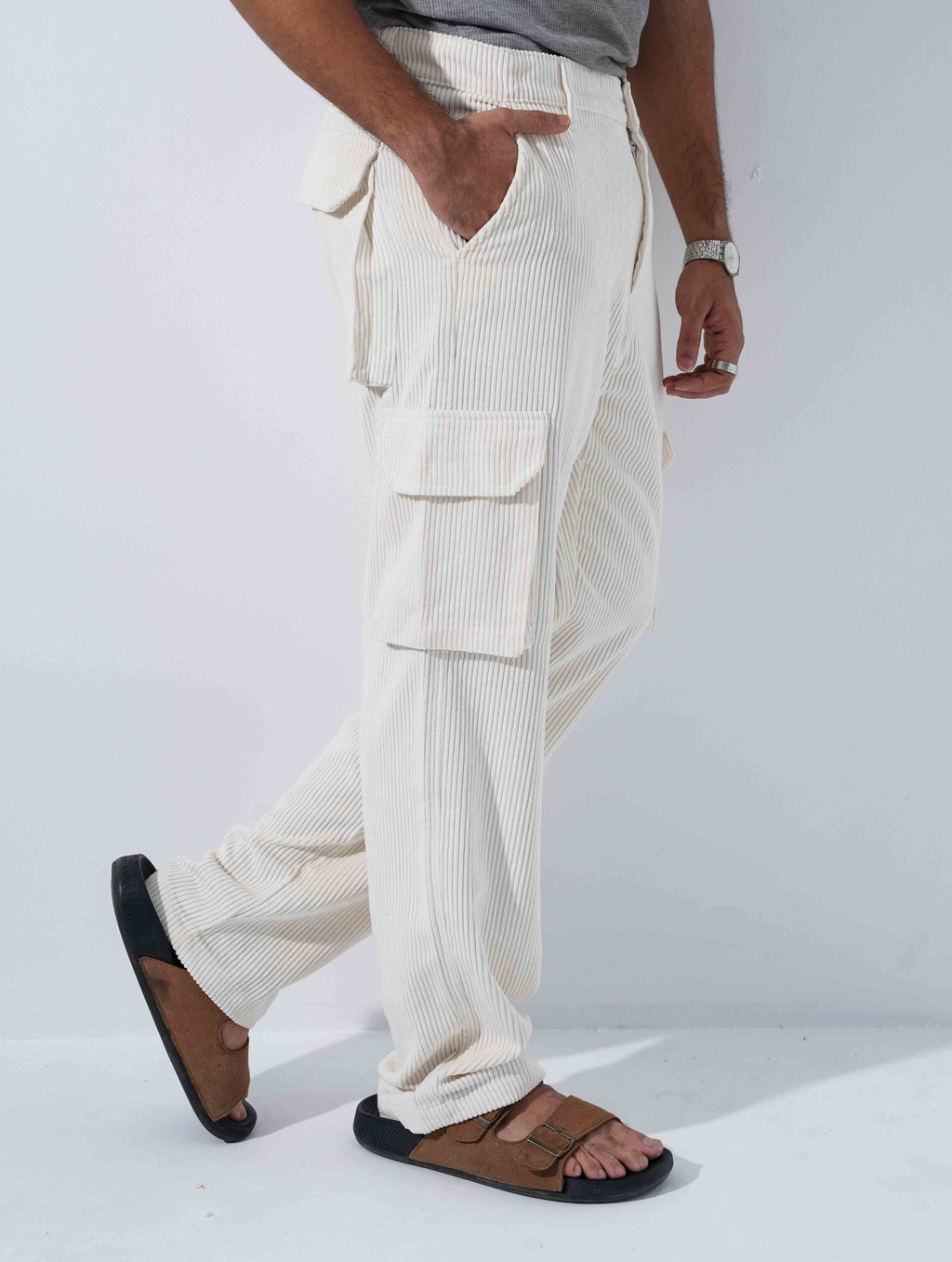 Pearl White Corduroy Baggy Cargo Pant