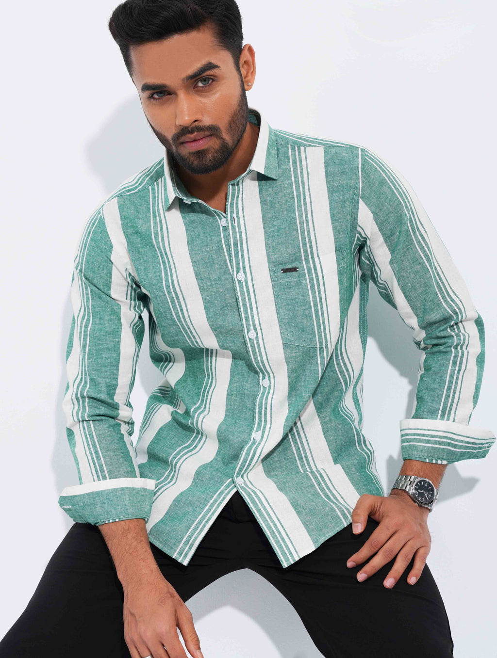 Green White Stripped Formal Full Sleeve