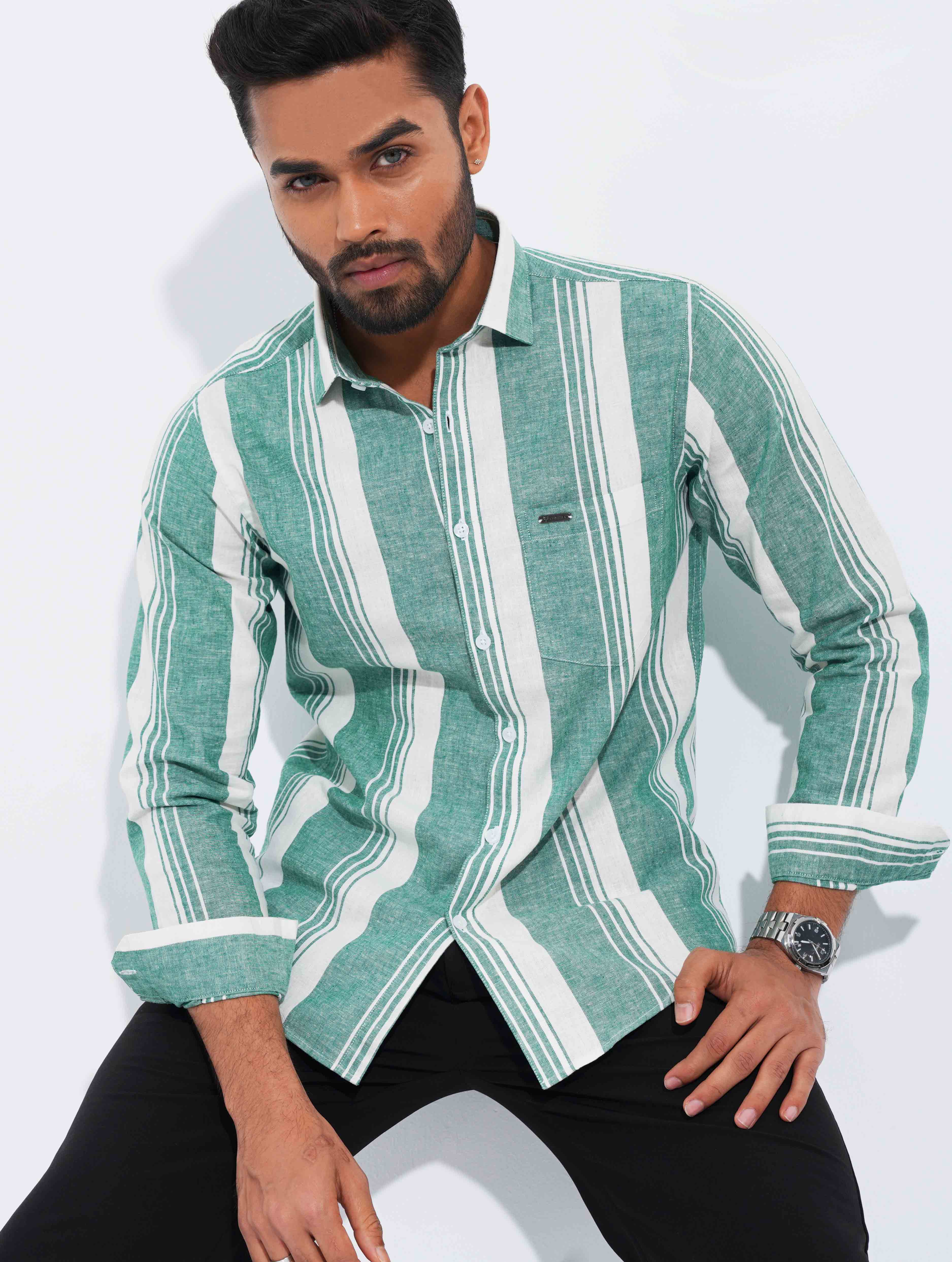 Green White Stripped Formal Full Sleeve