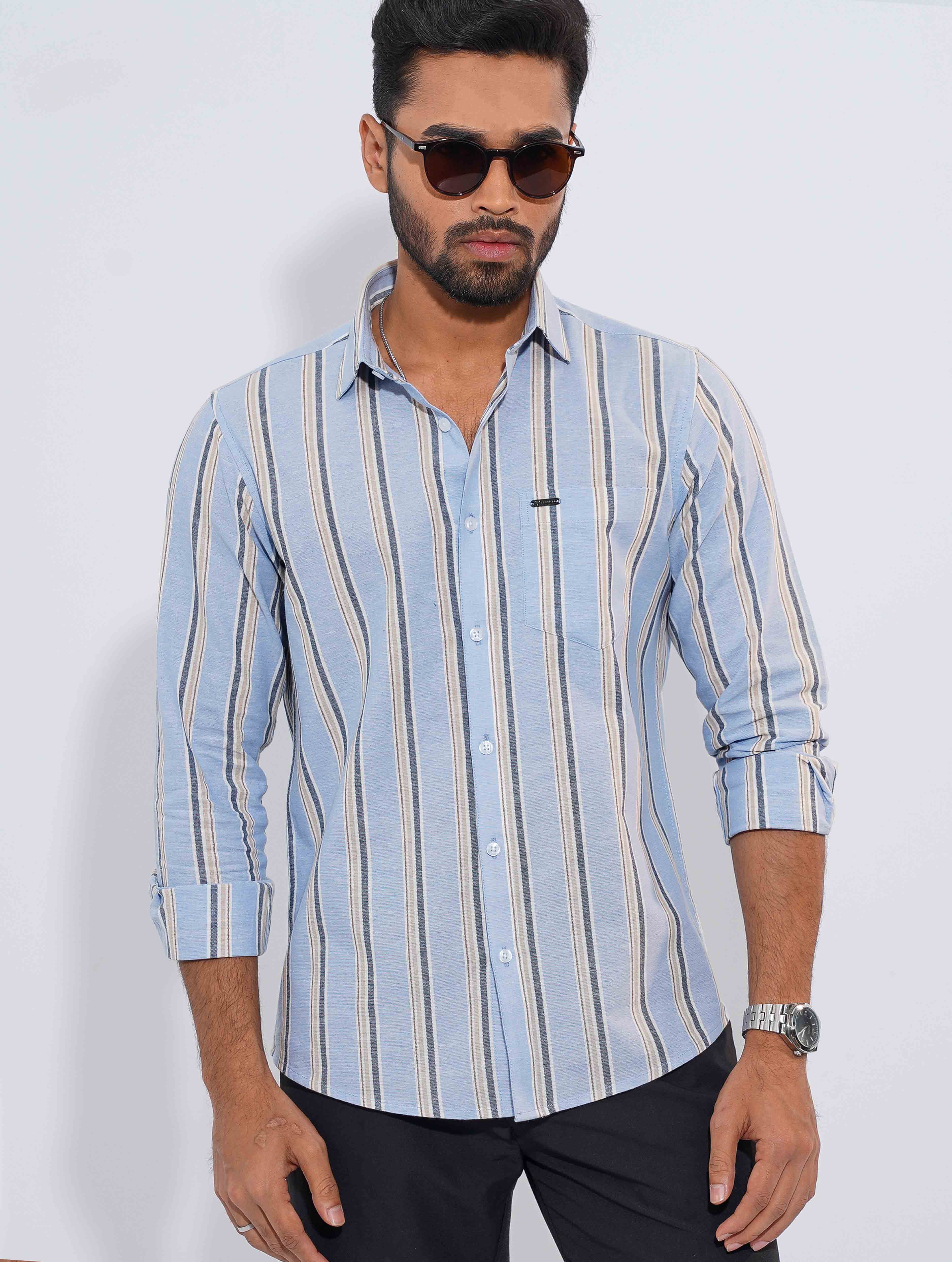 Sky Cream stripe remi cotton full sleeve