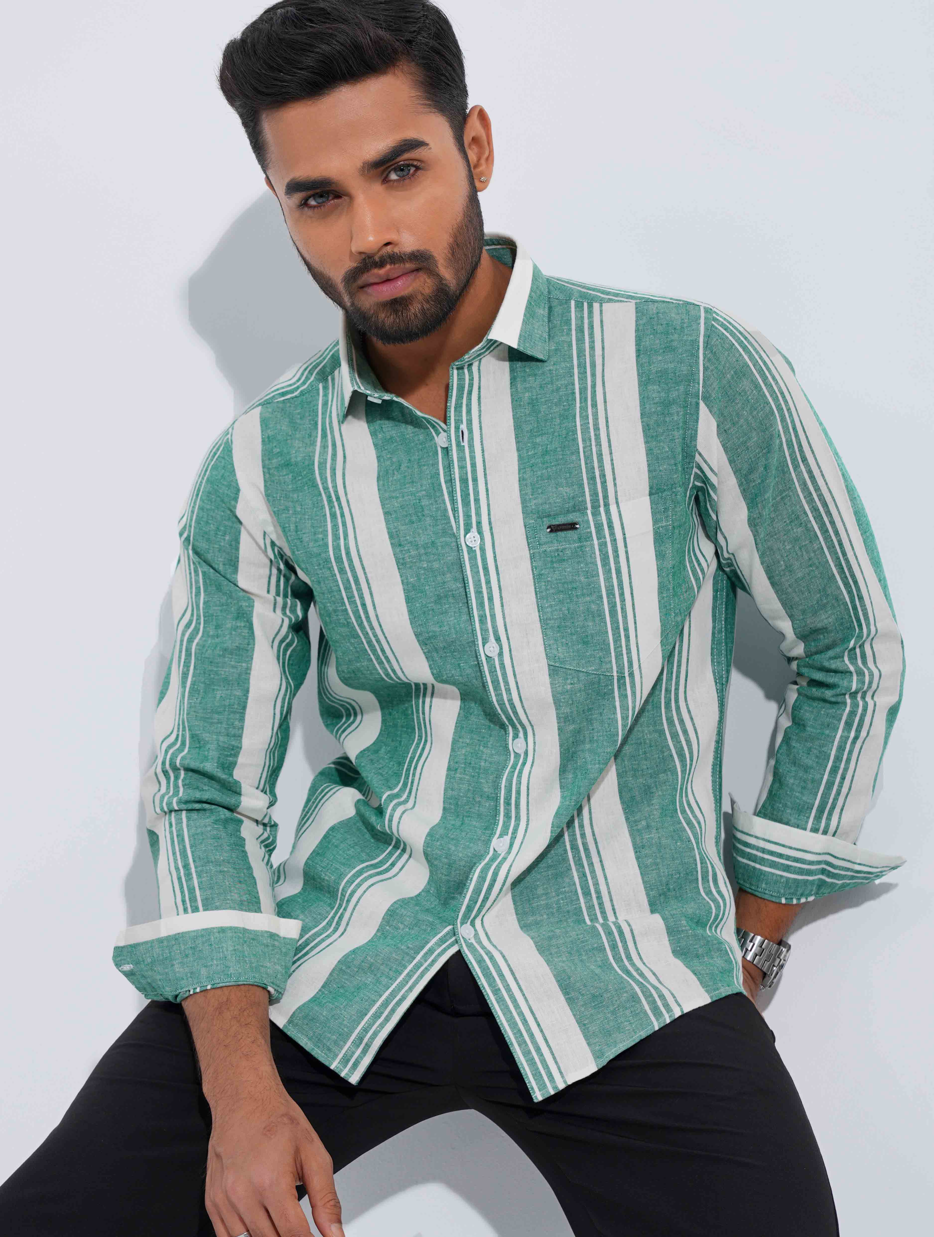 Green White Stripped Formal Full Sleeve