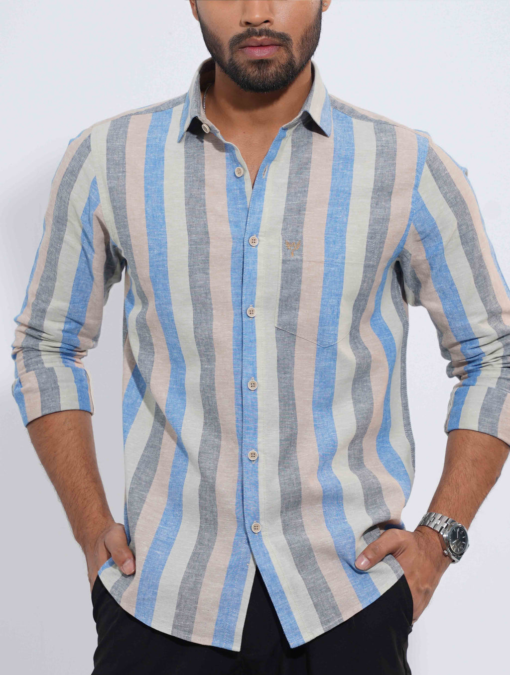 Beige Sky Ash Stripped Formal Full Sleeve