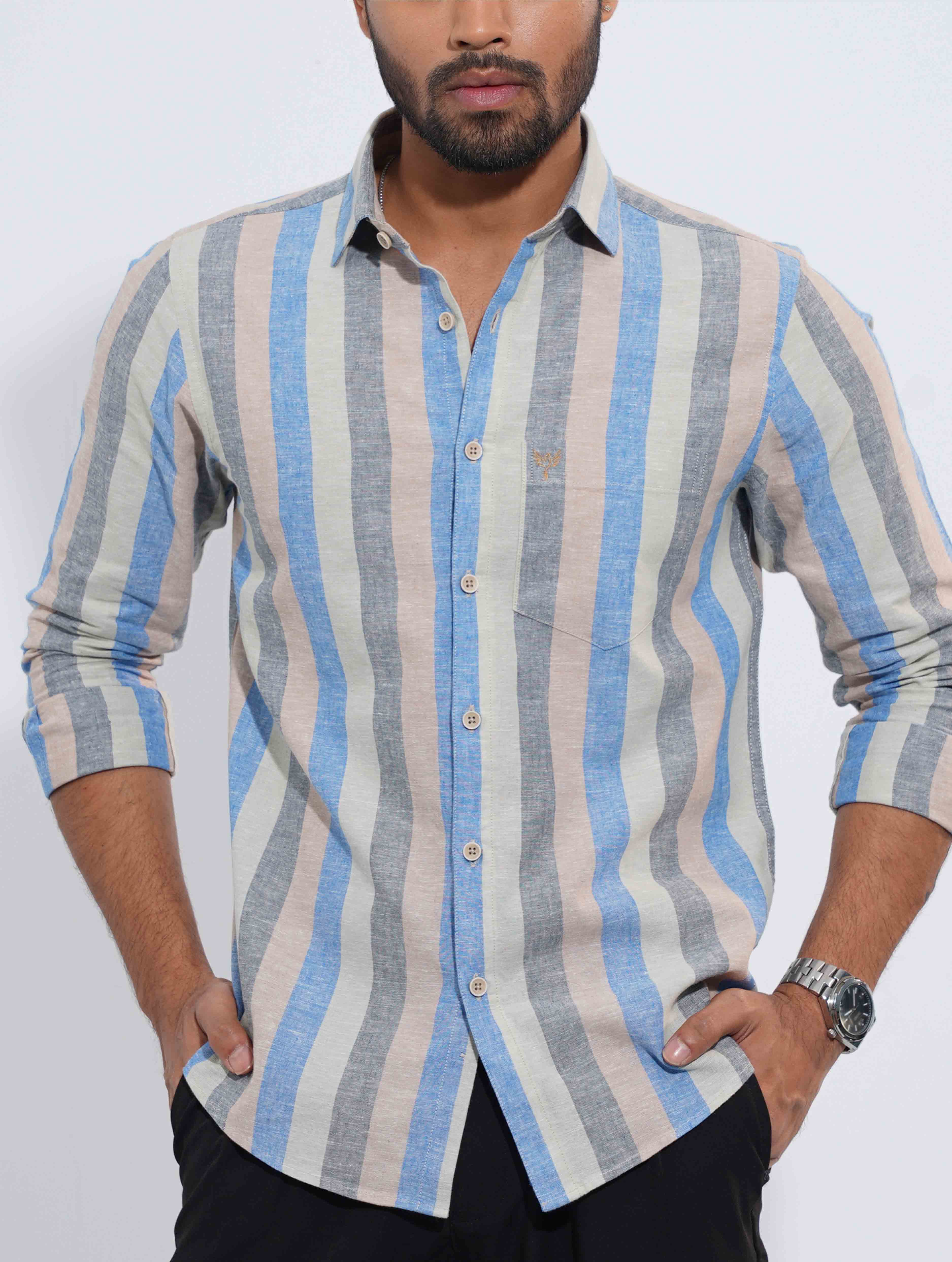 Beige Sky Ash Stripped Formal Full Sleeve