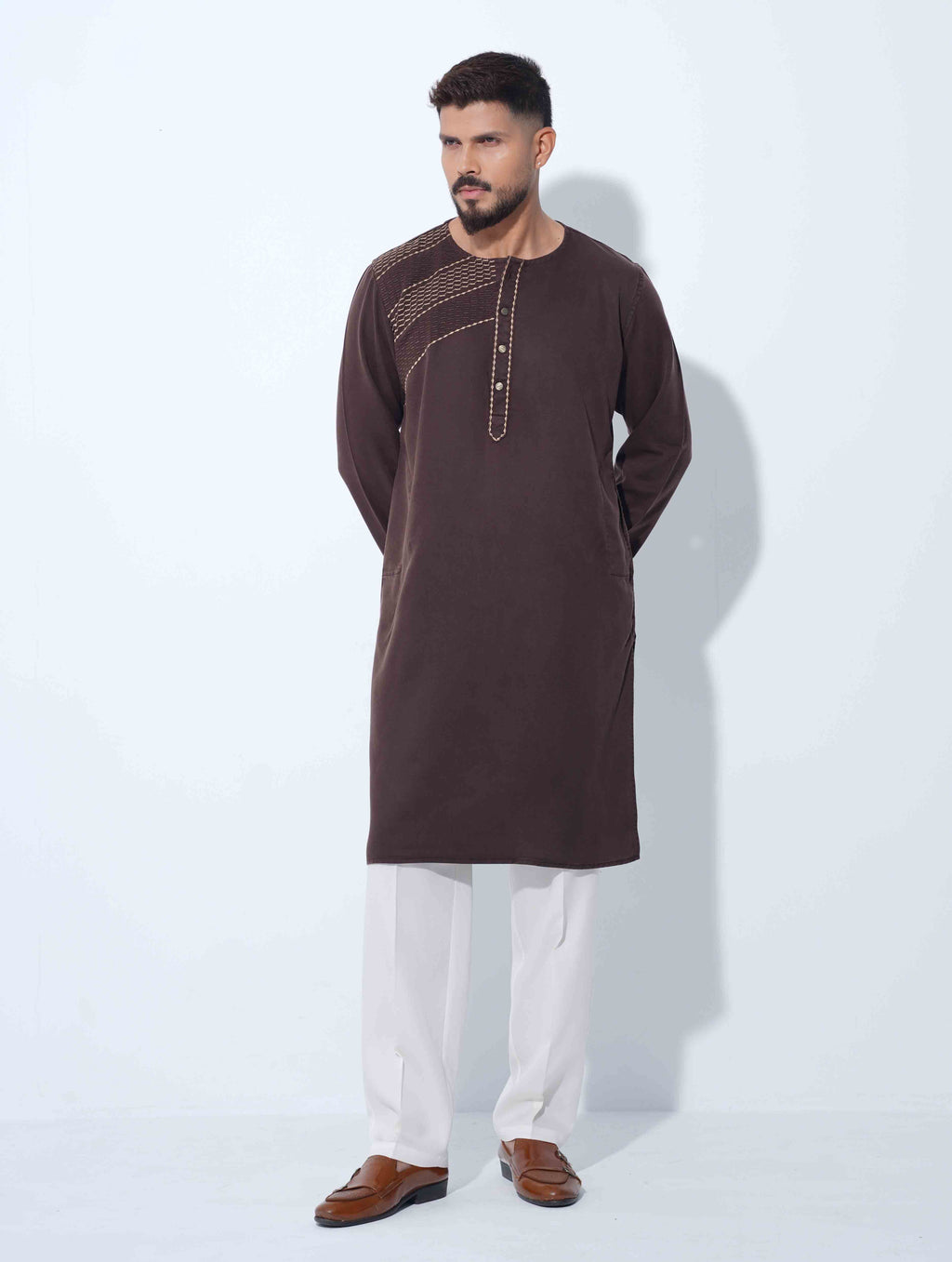 Coffee color Half EmbroideryDesigner Overlap Collar Panjabi