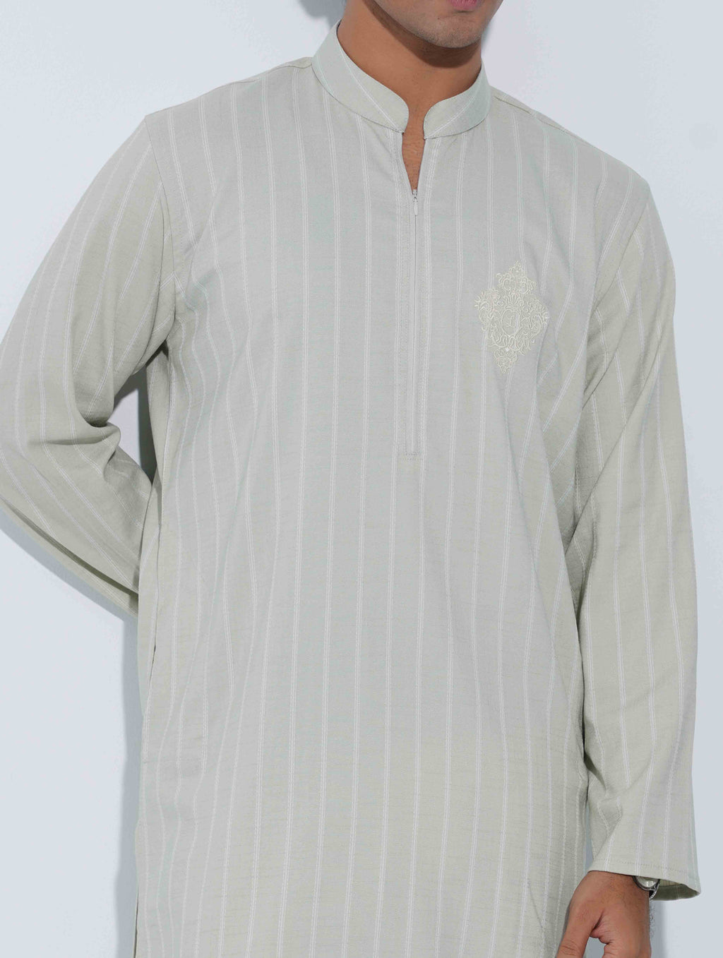 Light Olive White Stripe Logo zipper design panjabi