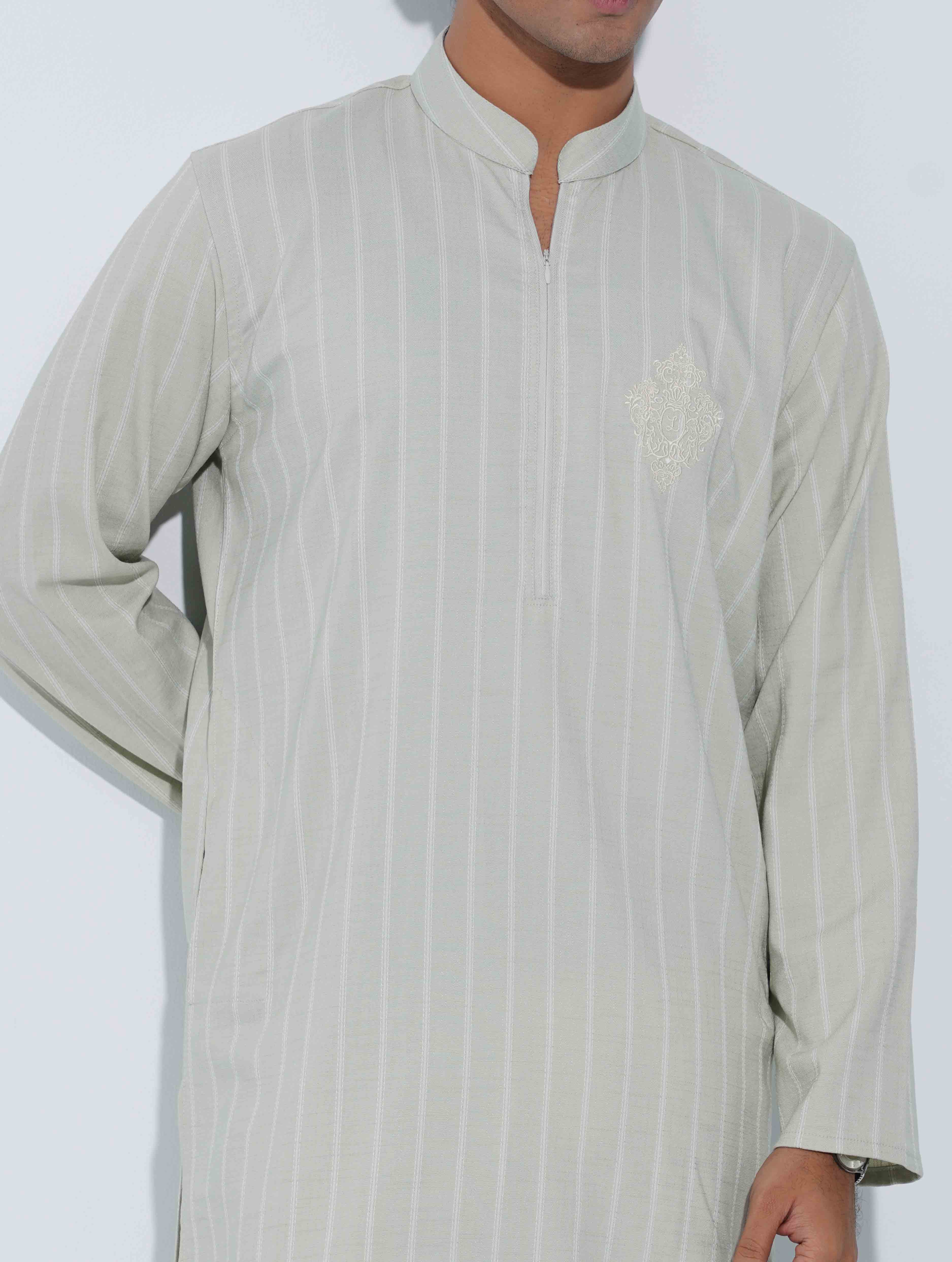 Light Olive White Stripe Logo zipper design panjabi