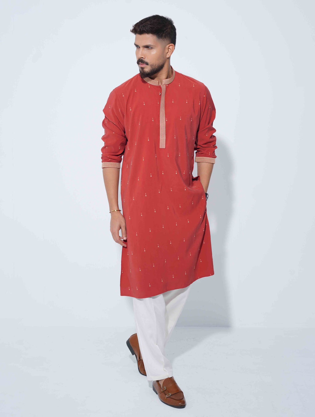 Burnt Orange All Over Embroidery Premium Panjabi