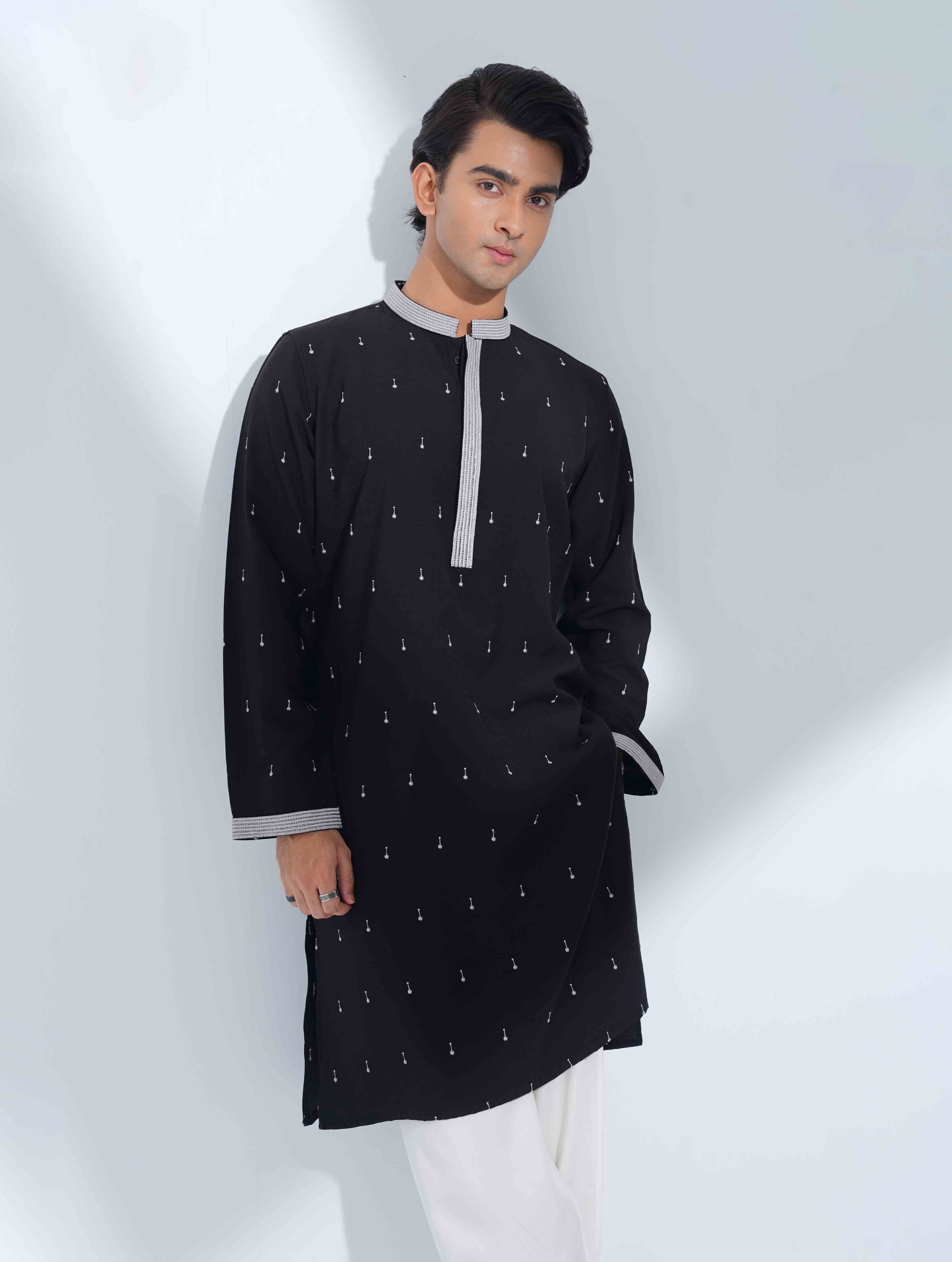 Italian Black All Over Embroidery Premium Panjabi