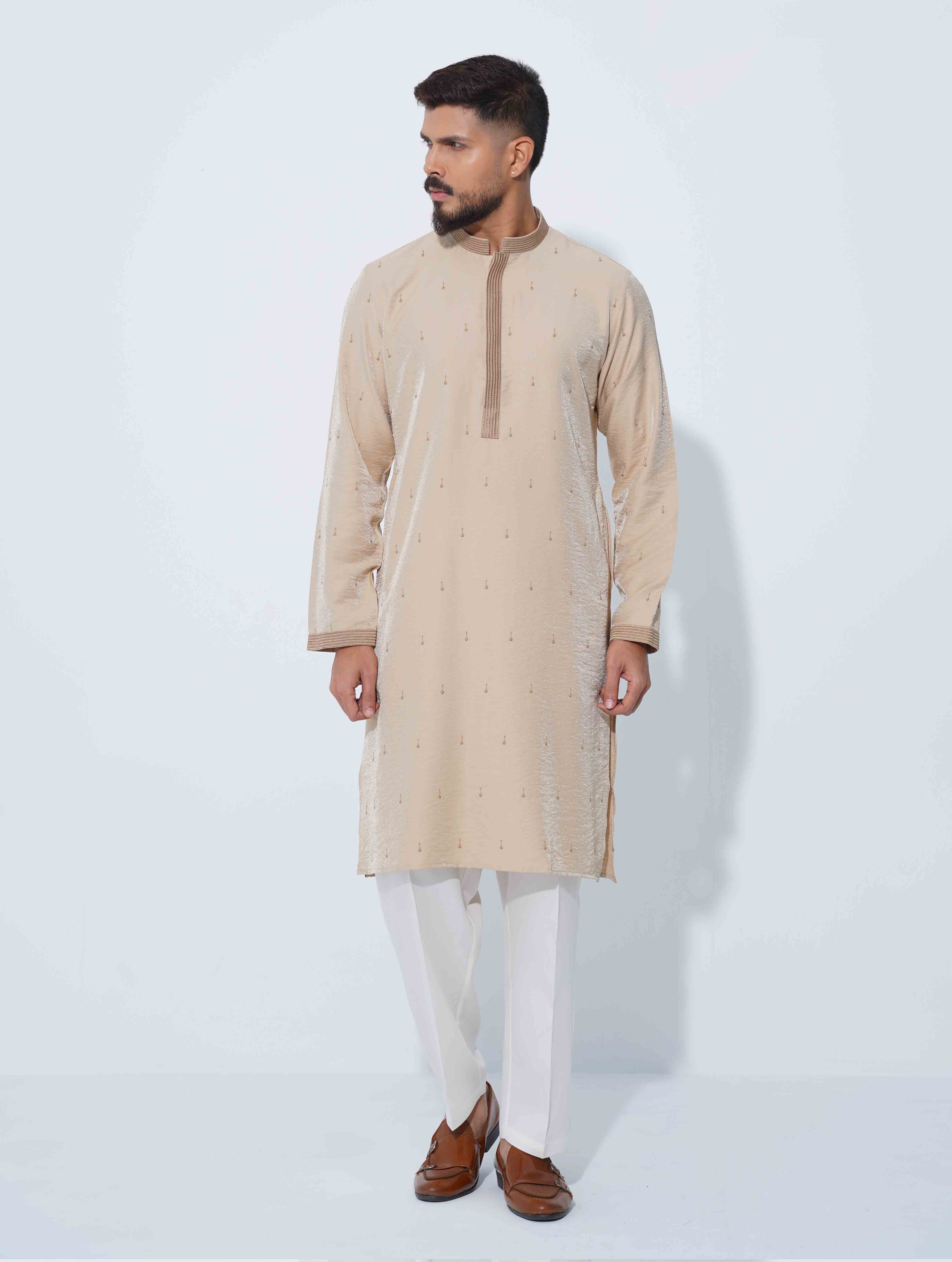 Khaki color All Over Embroidery Premium Panjabi