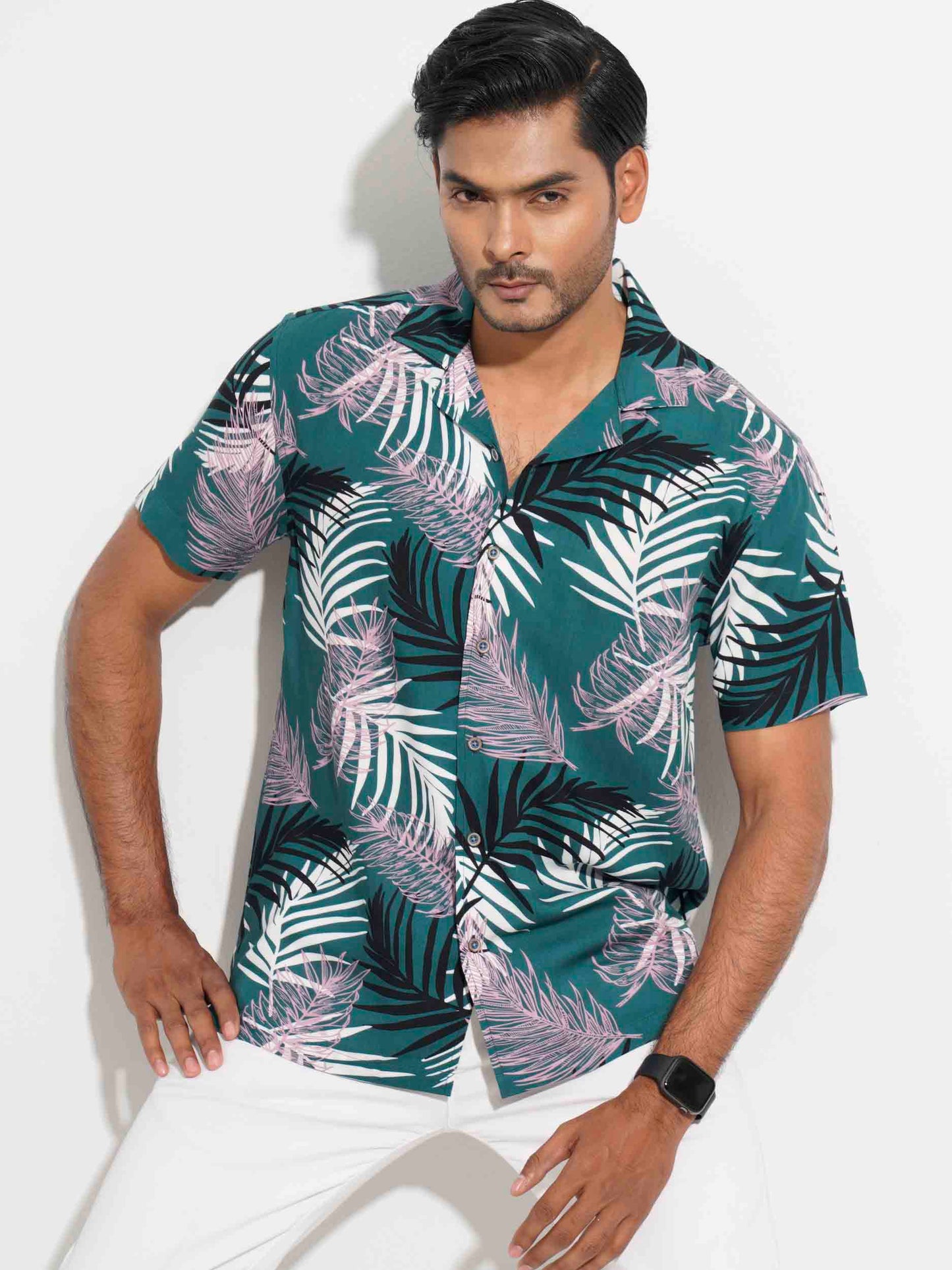 Green tropical palm leave printed havana shirt