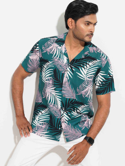 Green tropical palm leave printed havana shirt