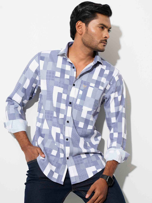 White-Lavender abstract check viscos stretch full sleeve shirt