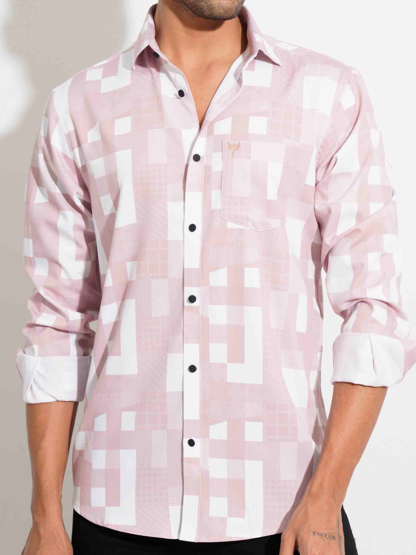 White-Pink abstract check printed viscos stretch full sleeve shirt