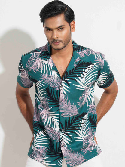 Green tropical palm leave printed havana shirt