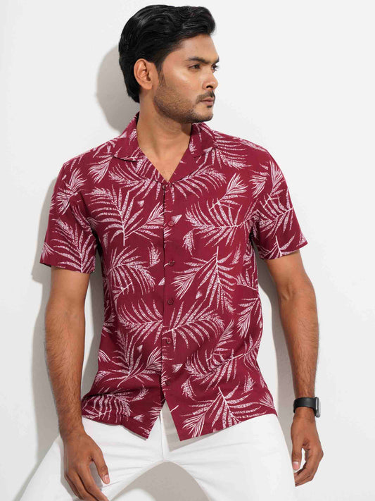 Maroon tropical palm leave printed havana shirt