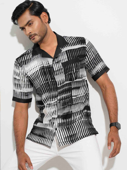 Black and white stripped collar contrast havana shirt