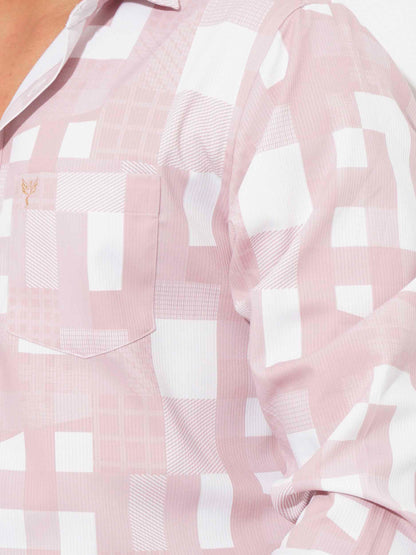 White-Pink abstract check printed viscos stretch full sleeve shirt