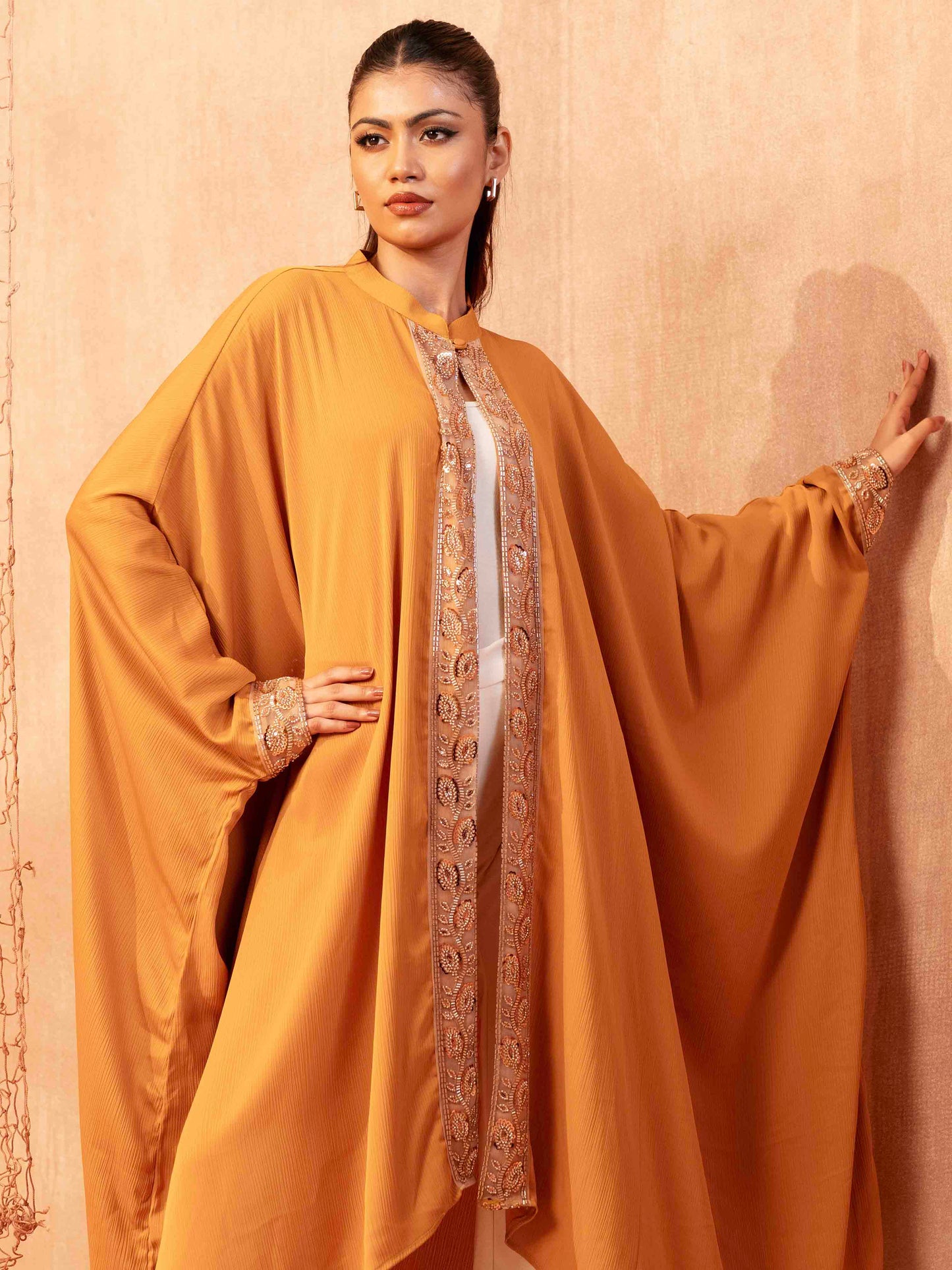 Yellow karchupi design female abaya