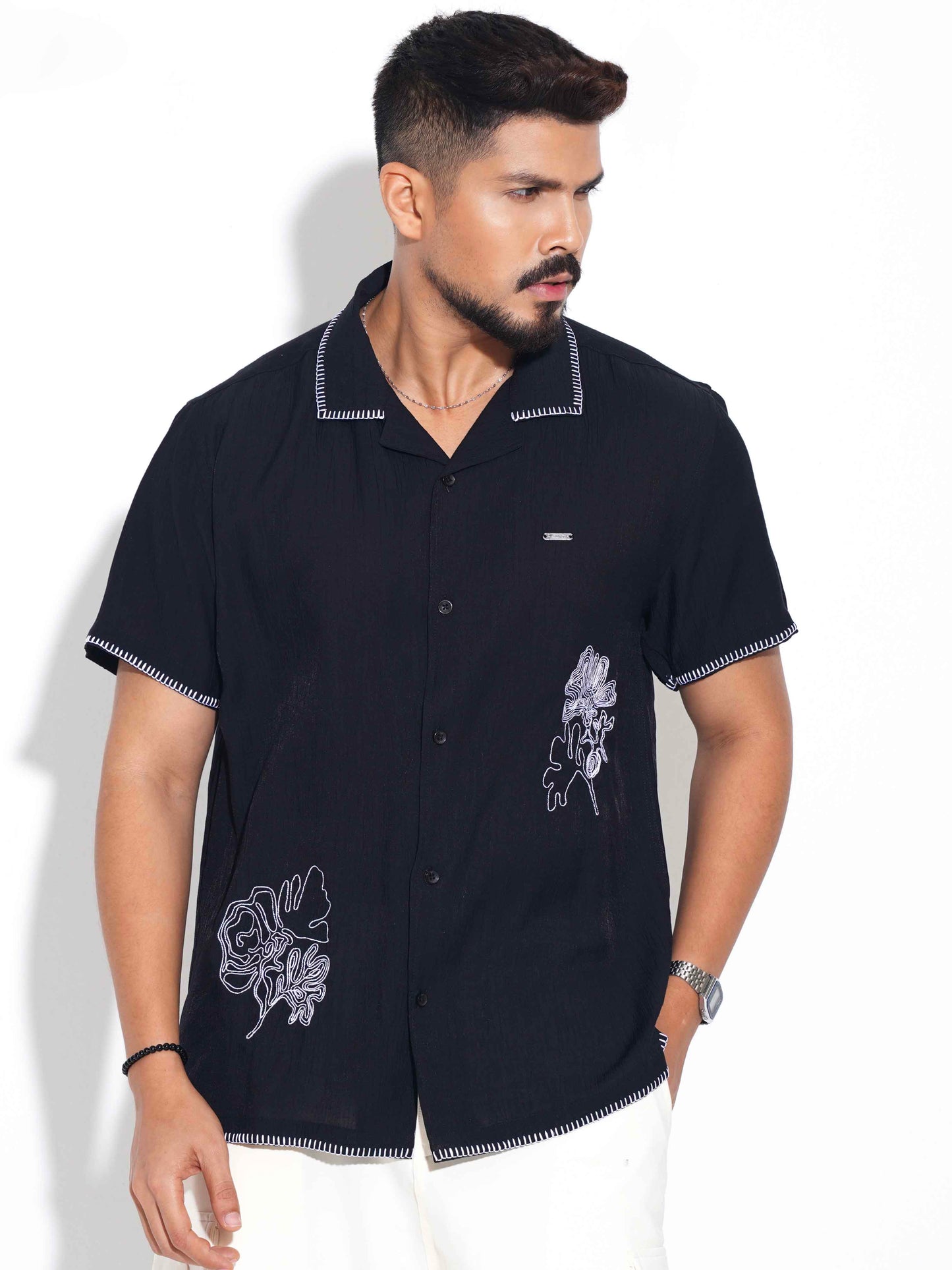 Black Flower Embroidery Viscos havana shirt