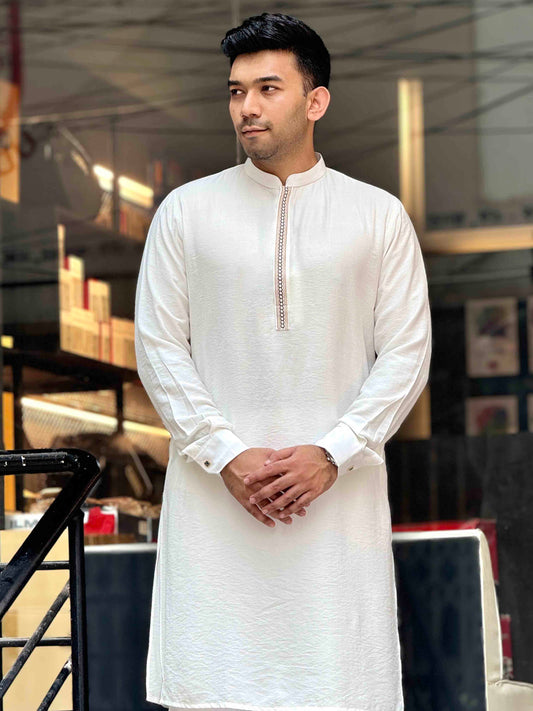 White Button Plate Embroidery premium Panjabi