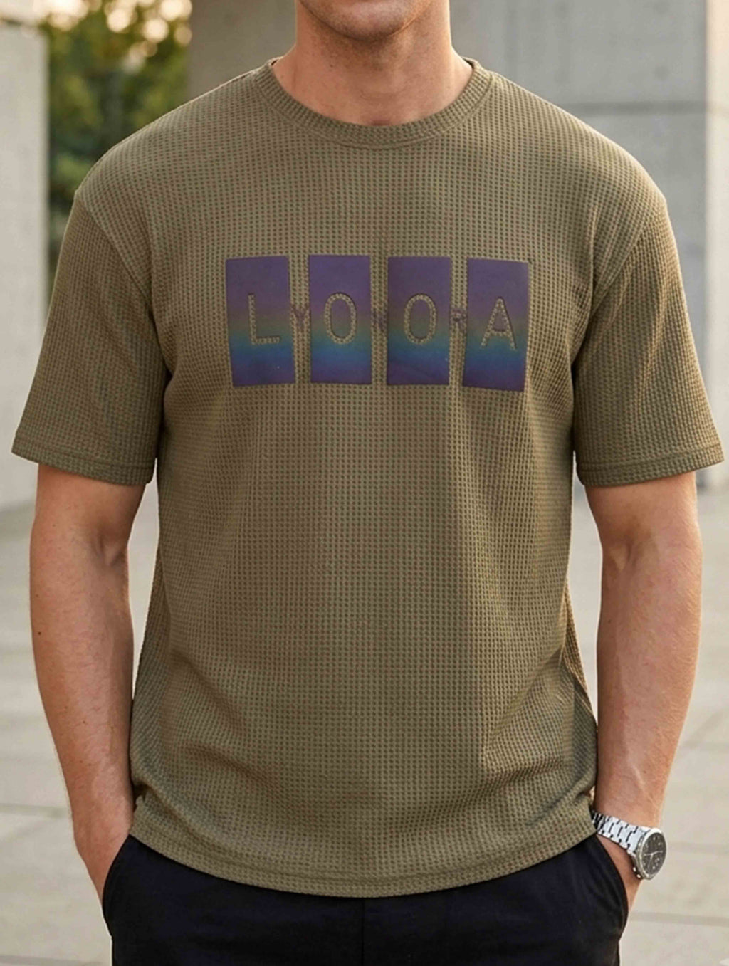 Deep Olive LYONORA Waffle Fabric Semi Drop T-shirt