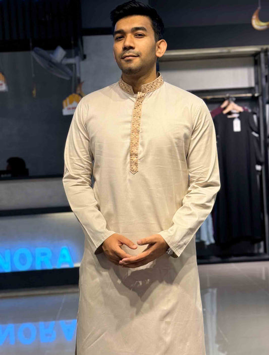 Pale Brown Plate embroidery premium Panjabi