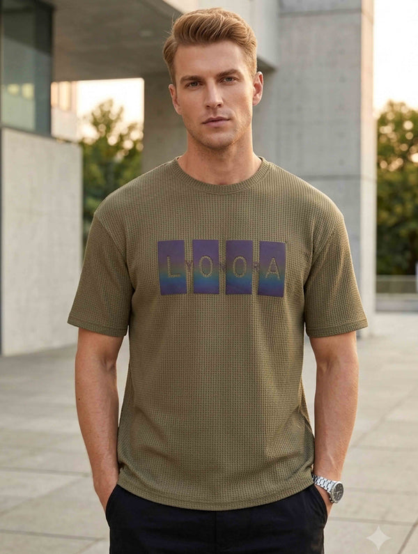 Deep Olive LYONORA Waffle Fabric Semi Drop T-shirt