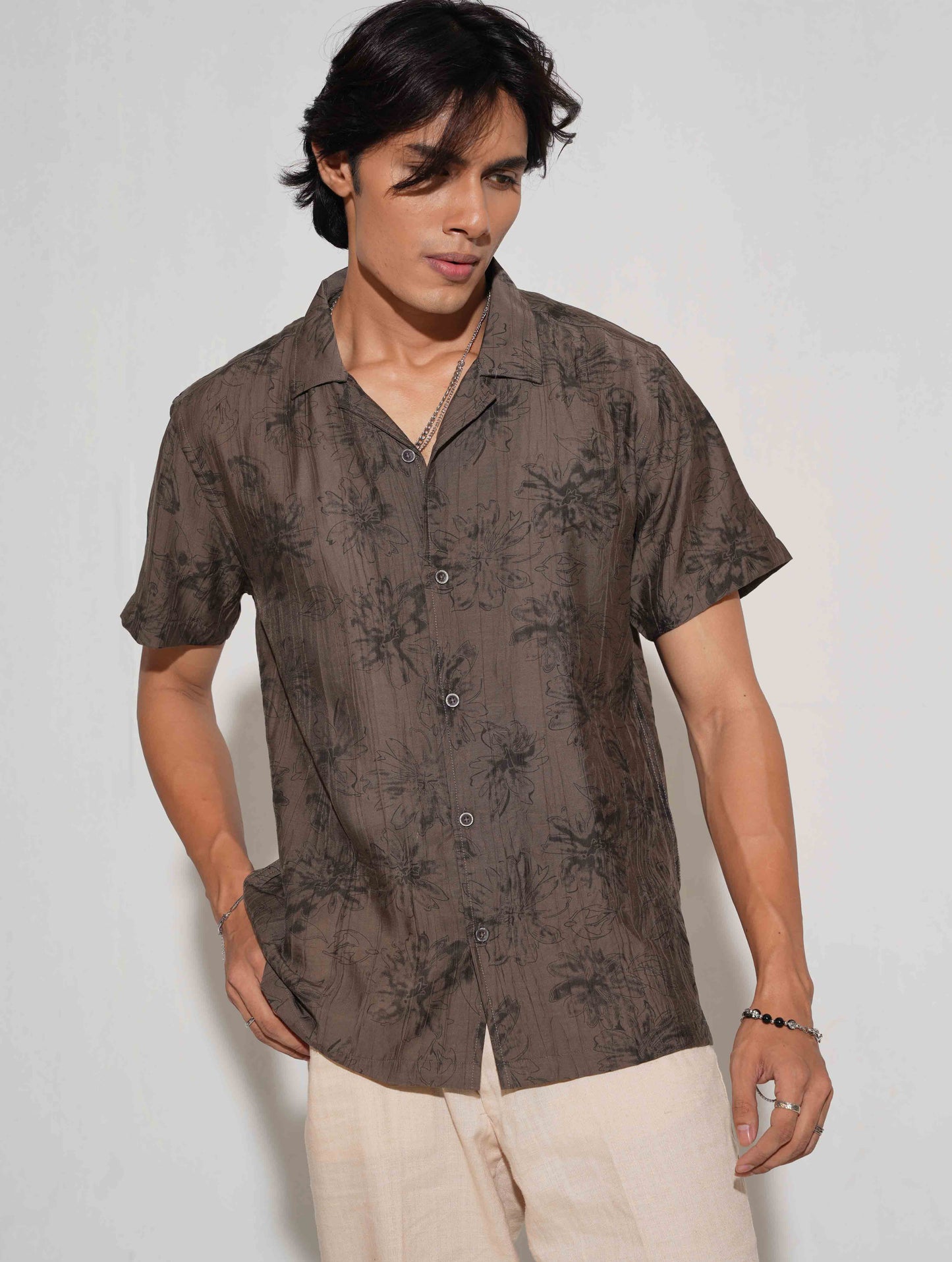 Coffee gray floral printed Havana shirt