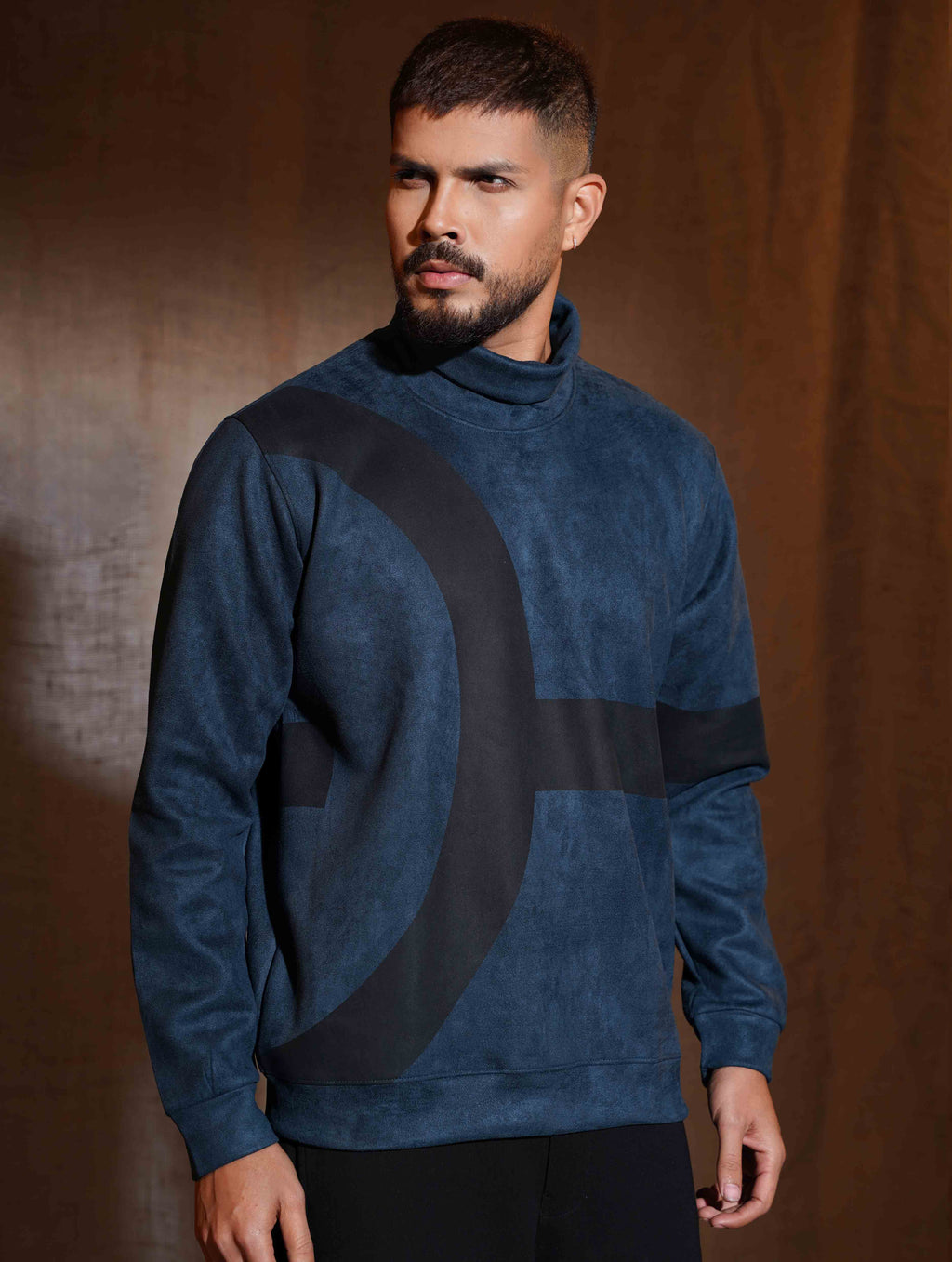 Aegean blue - Black Suede leather High Neck Sweat Shirt