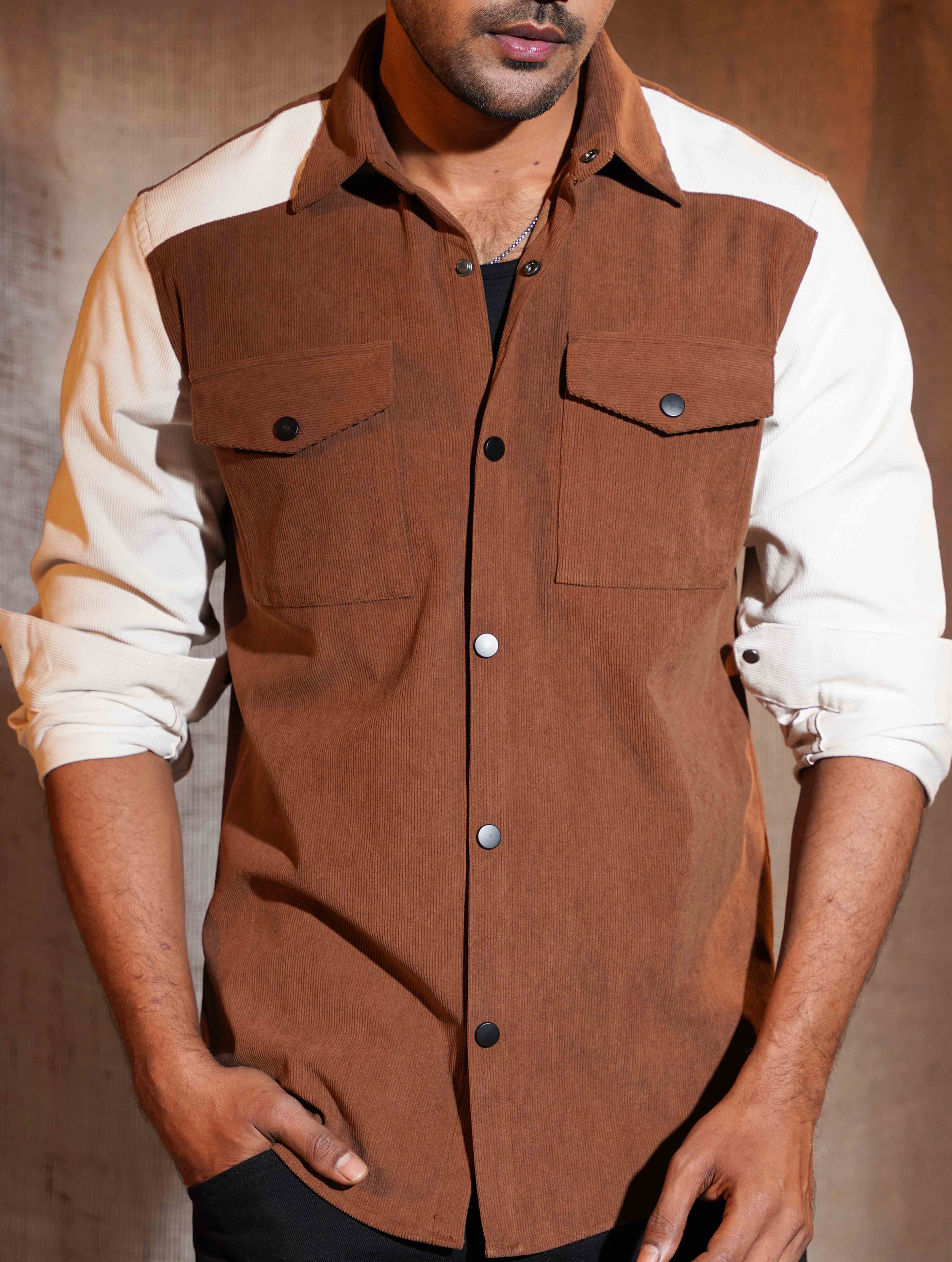 Brown Cream Contrast Premium Cord Shirt