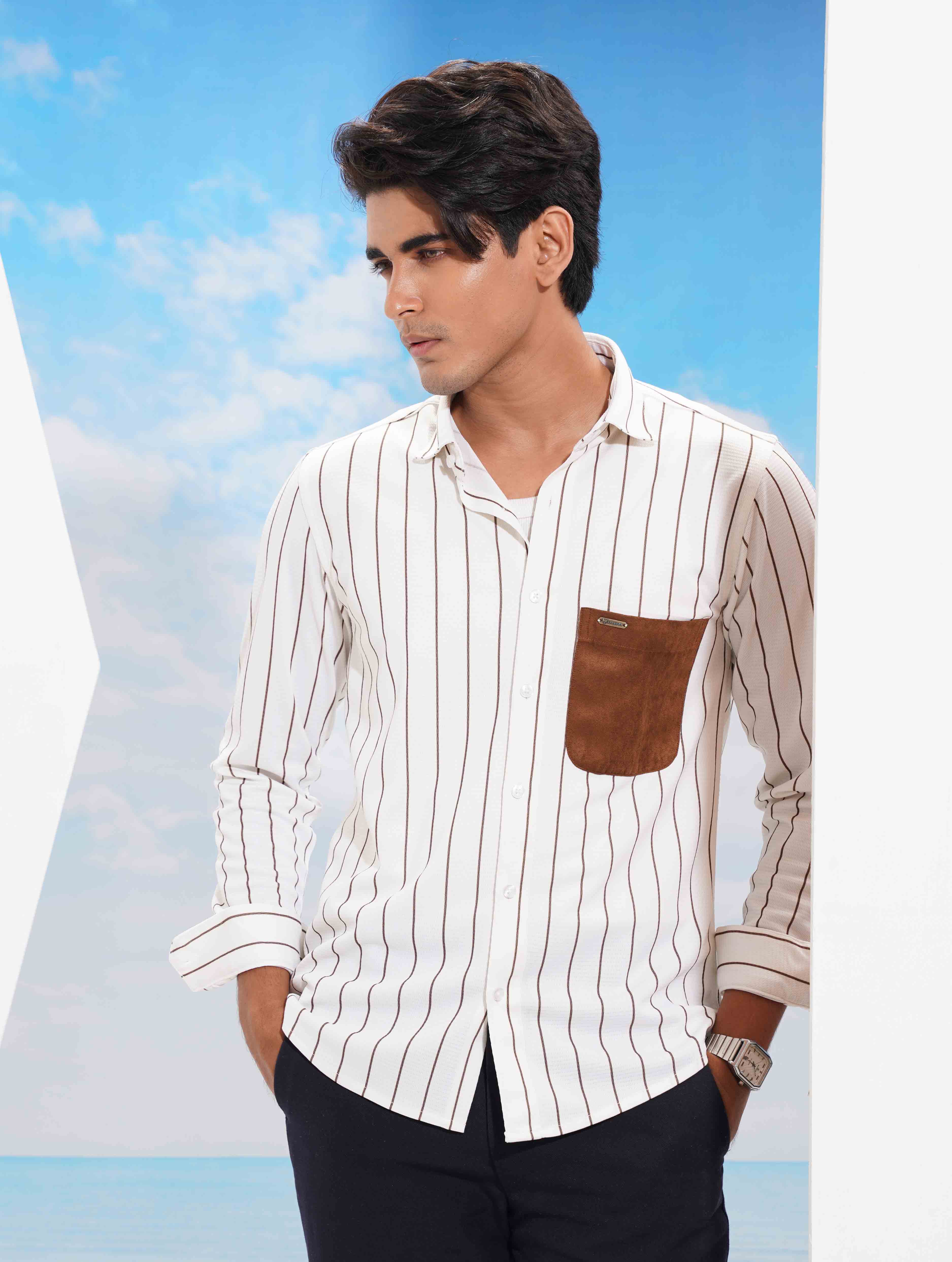 Creamy white brown stripe pocket contrast premium full sleeve