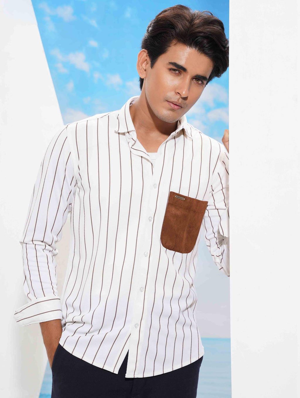 Creamy white brown stripe pocket contrast premium full sleeve