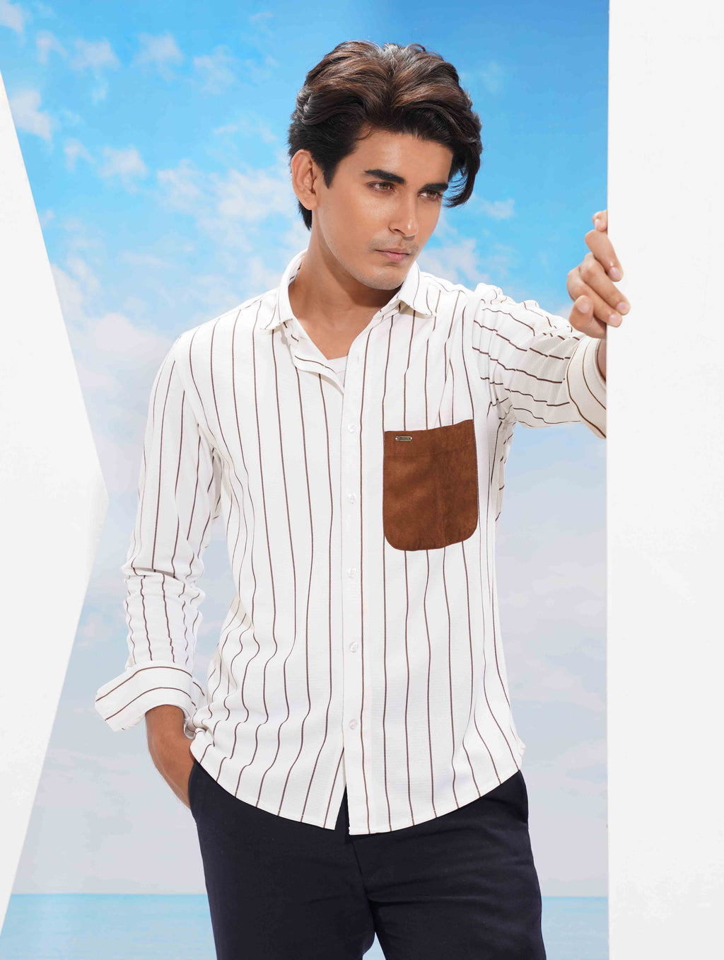 Creamy white brown stripe pocket contrast premium full sleeve