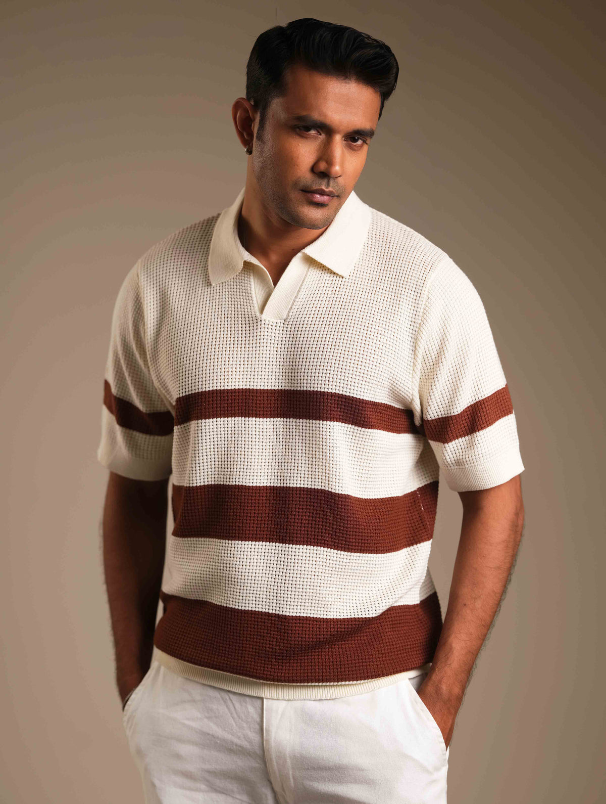 Cream - Coffee Stripe Knit Polo